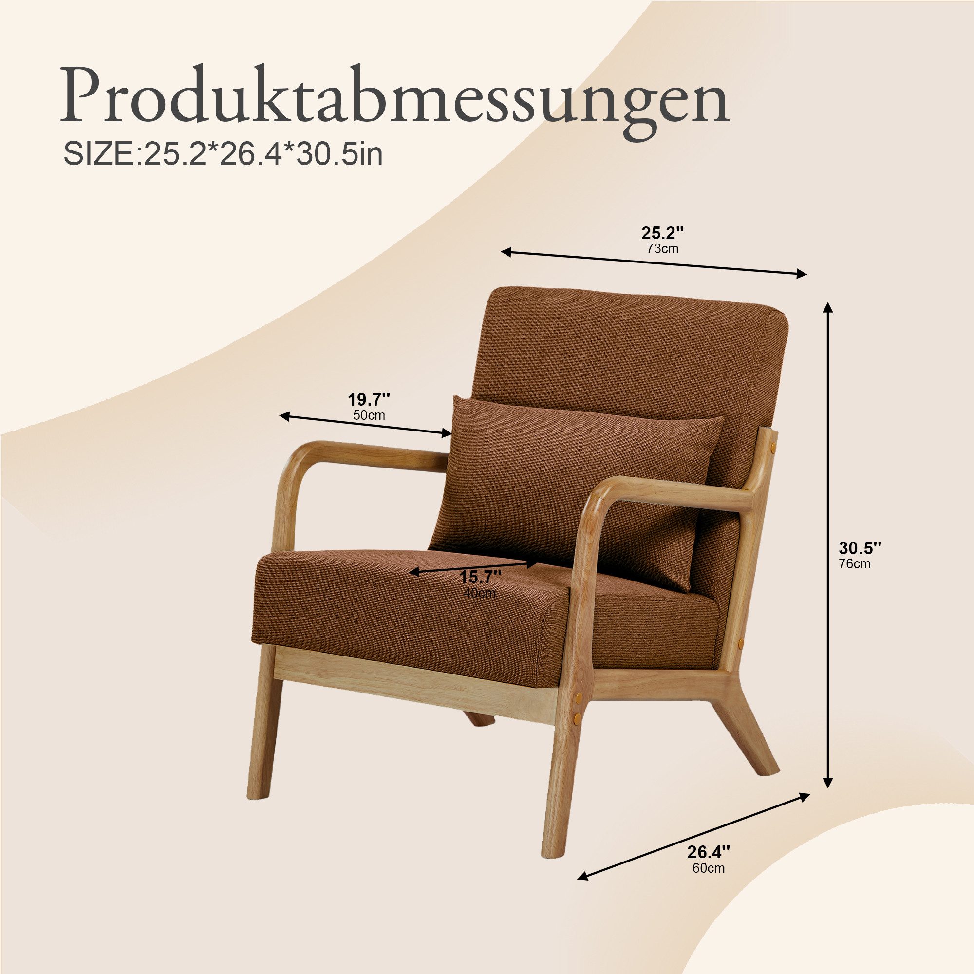 SteeLong Sessel Armlehnstuhl mit Kissen, Wohnzimmer, Skandinavien, Holz, Braun (1-St), minimalistischer Stil für Wohnzimmer, Schlafzimmer und Leseecke