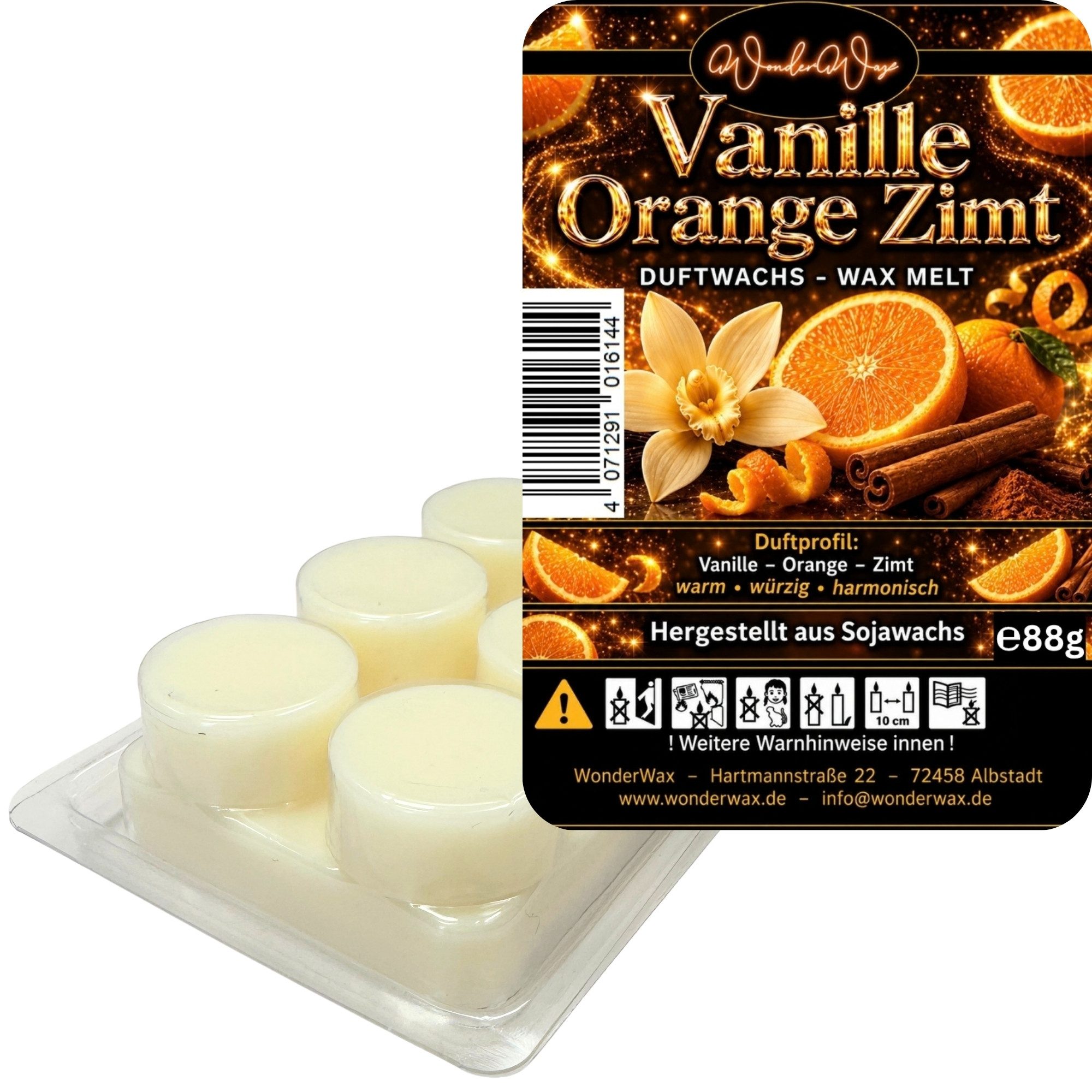 WonderWax Duftwachs WonderWax® Duftriegel 6 x Duftwachs Kreise Weiß, 100% Sojawachs (Spicy Vanille Orange Zimt), Duftrichtung: Spicy Vanille Orange Zimt