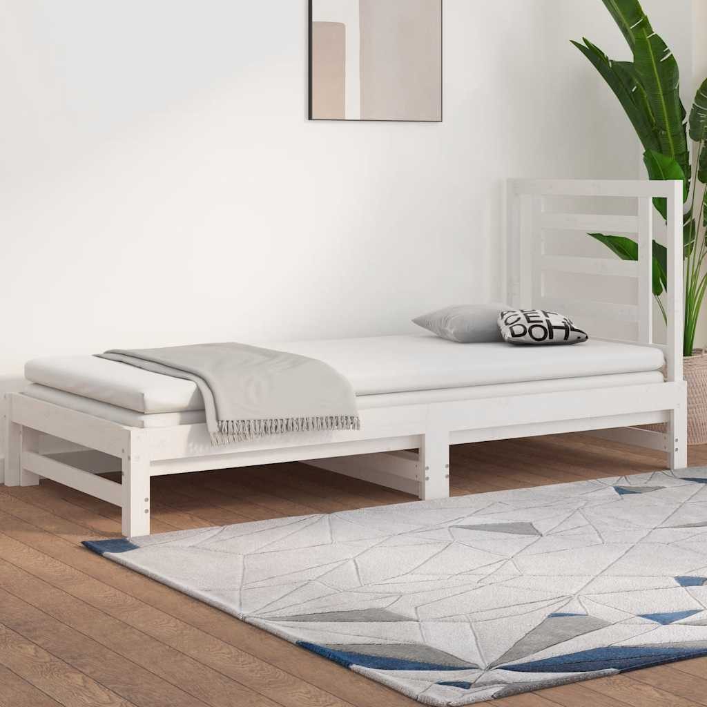 Bett Ausziehbares Tagesbett aus massivem Kiefernholz Weiß 205,5x182x30 cm