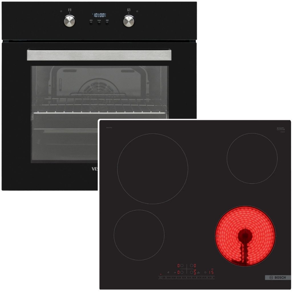 VESTEL Backofen-Set Teleskopauszug 2fach mit Bosch Glaskeramik Kochfeld 60cm PowerBoost, mit 2-fach Teilauszug