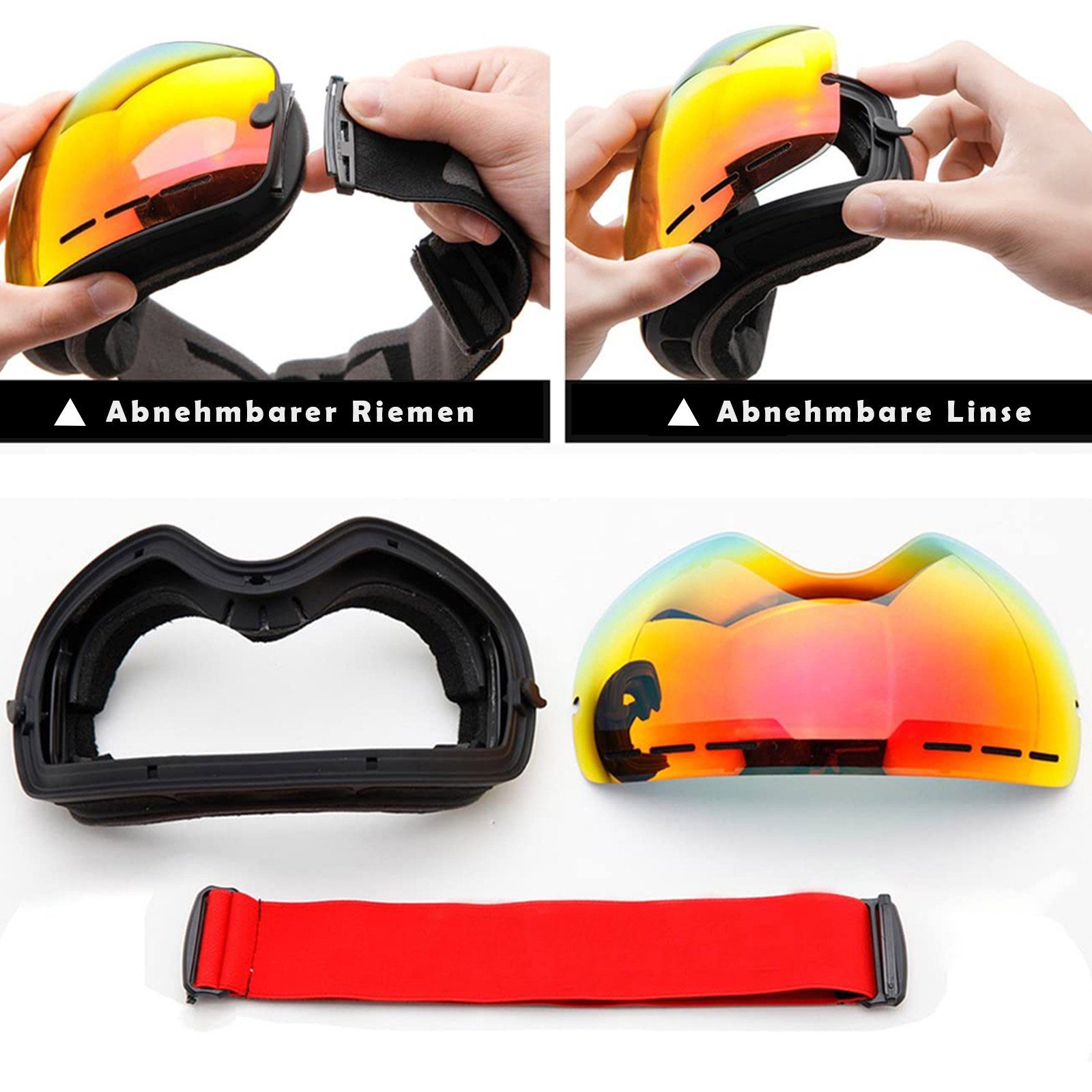 Rosnek Snowboardbrille Doppellagige Linse, magnetisch, Rot Männer Skifahren Frauen, UV400, Anti-Beschlag (1-St), für