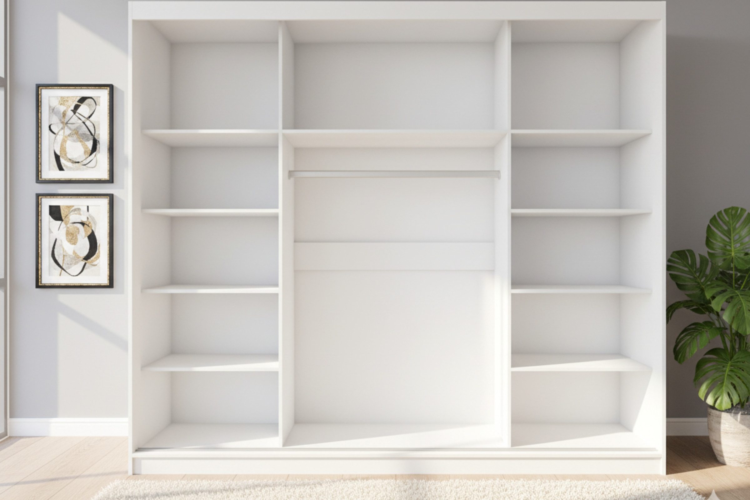 Deine Möbel 24 Schwebetürenschrank ALASKA 250 cm großer Kleiderschrank mit Spiegel (mit viel Stauraum, 1-St., moderner Schlafzimmer-Schrank in Weiß matt oder Kaschmir) mit 3 Schiebetüren, 9 Regalböden und Kleiderstange