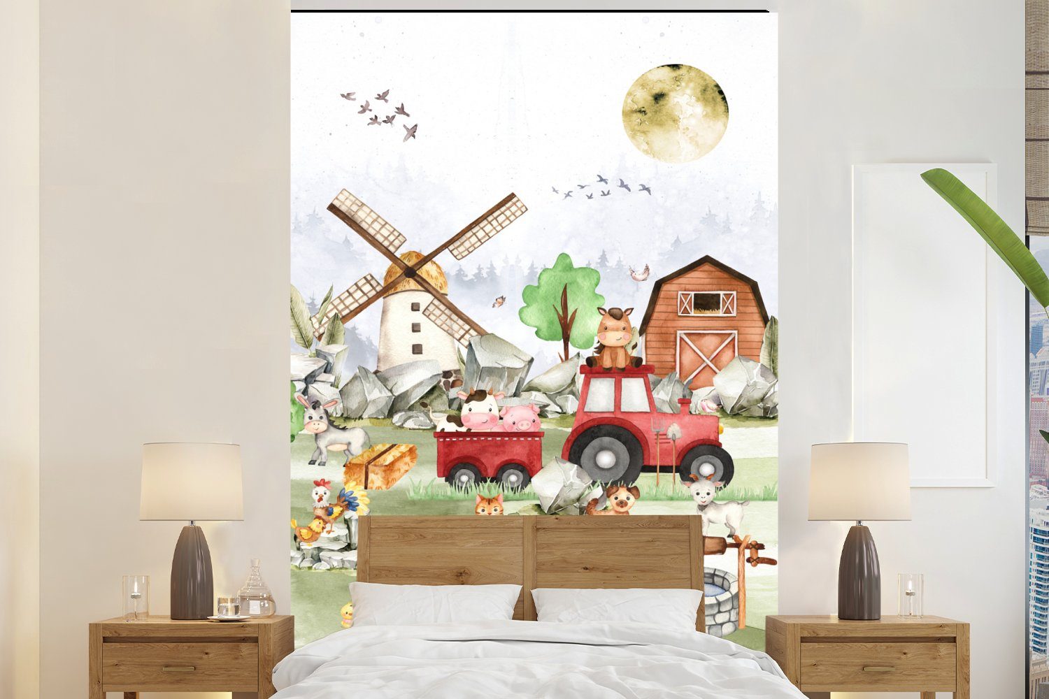 MuchoWow Fototapete Bauernhof - Traktor - Kinder - Tiere, Matt, bedruckt, Vinyl Tapete für Wohnzimmer oder Schlafzimmer, Wandtapete, 200x300 cm