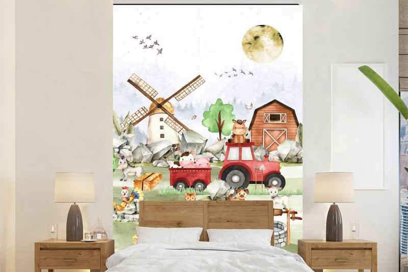 MuchoWow Fototapete Bauernhof - Traktor - Kinder - Tiere, Matt, bedruckt, (3 St), Montagefertig Vinyl Tapete für Wohnzimmer, Wandtapete