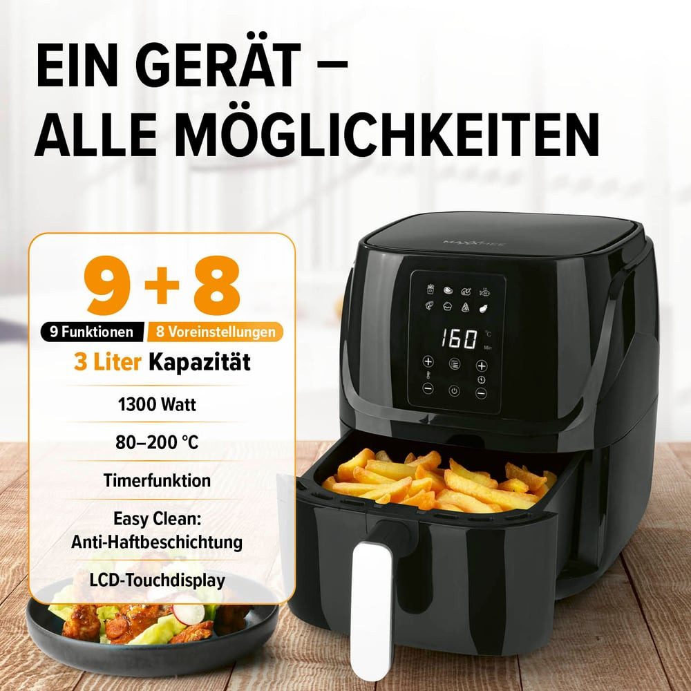 MAXXMEE Heißluftfritteuse Digital 3l - Touch Display - schwarz - 1300W, 1300 W