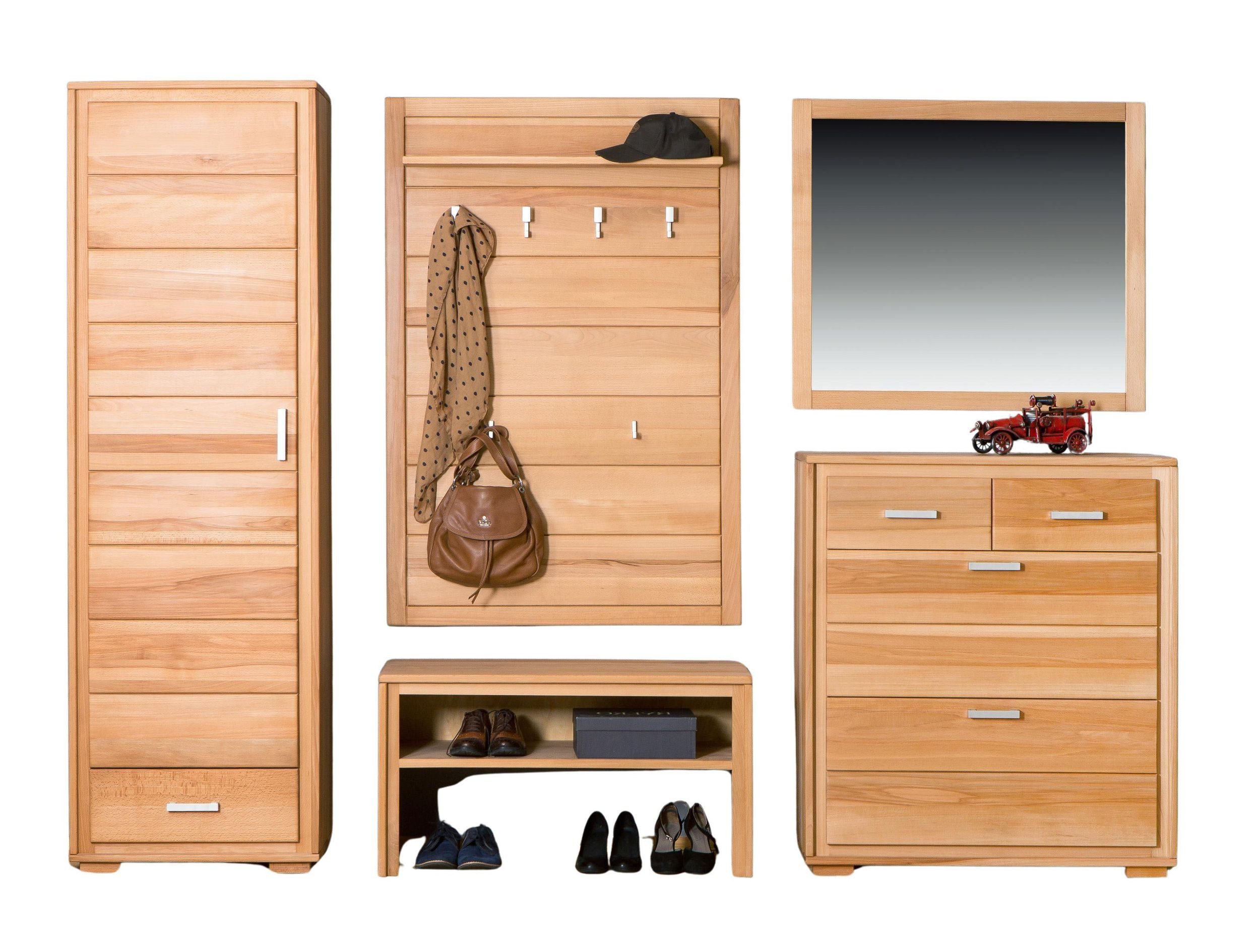 Trendmöbel24 Garderoben-Set Garderoben Set Genf I Kernbuche Massivholz geölt/gewachst 5-teilig, (Komplett-Set, 5-St., Schuhschrank, Dielenschrank, Garderobenbank, Garderobenpaneel, Spiegel)