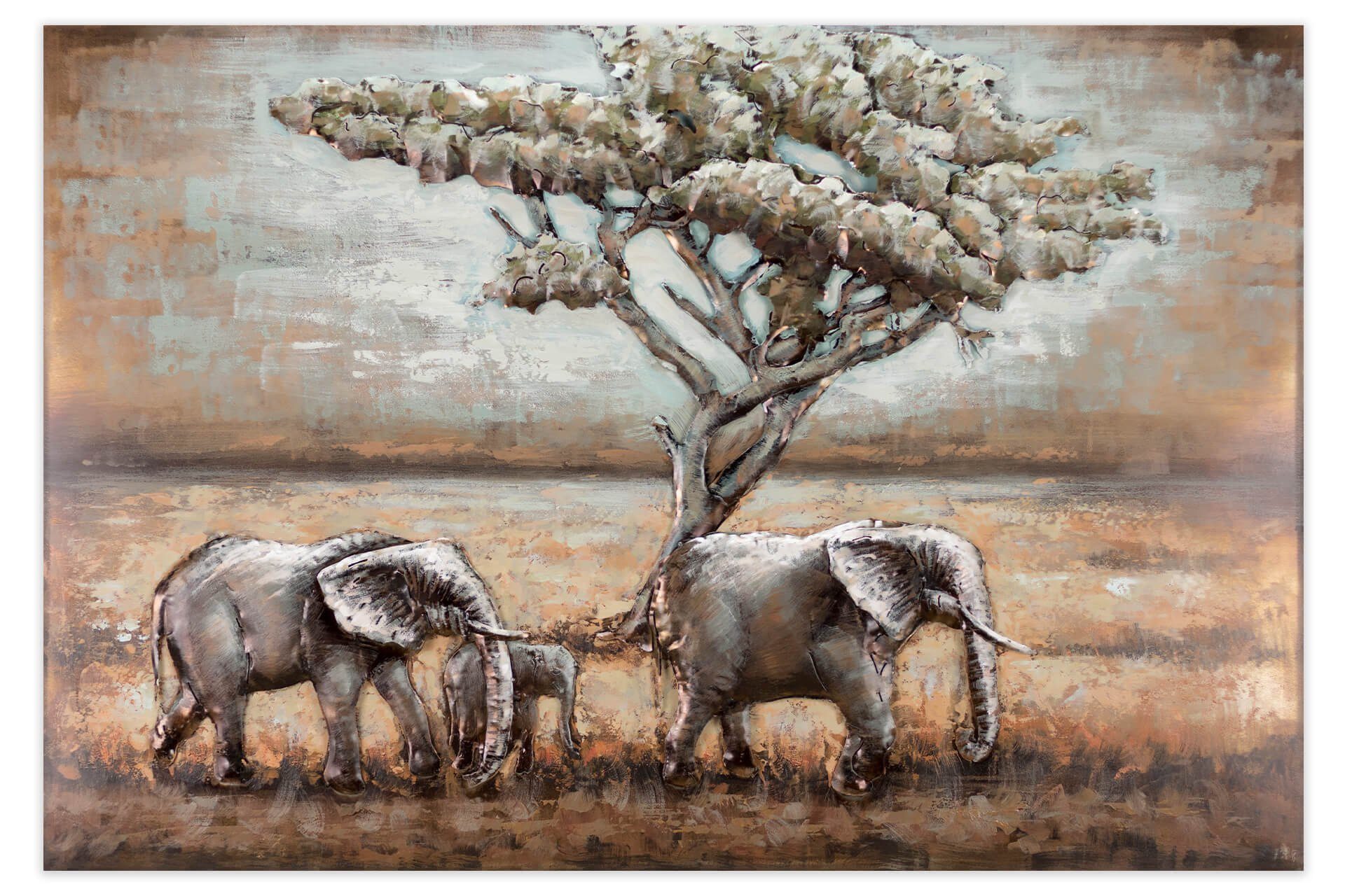 cm, handgefertiges in Elefanten KUNSTLOFT 120x80 3D Afrika Wandrelief Metallbild