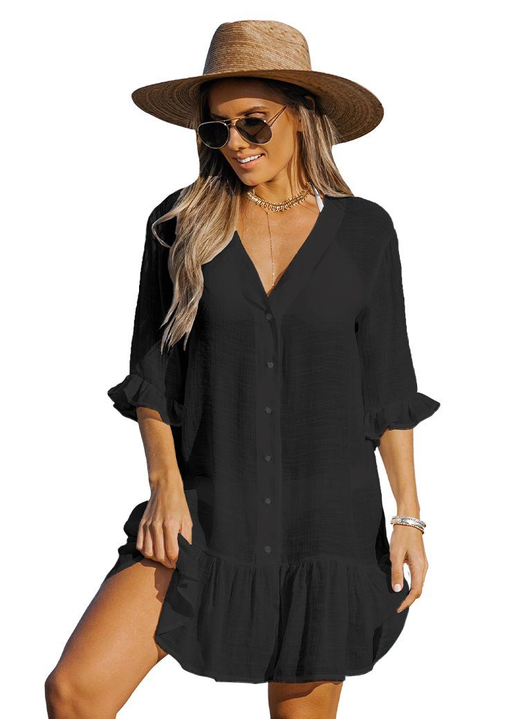 CUPSHE Smokkleid Gerüschtes Mini Coverup-Kleid mit V-Ausschnitt Rüschenbesatz mehr