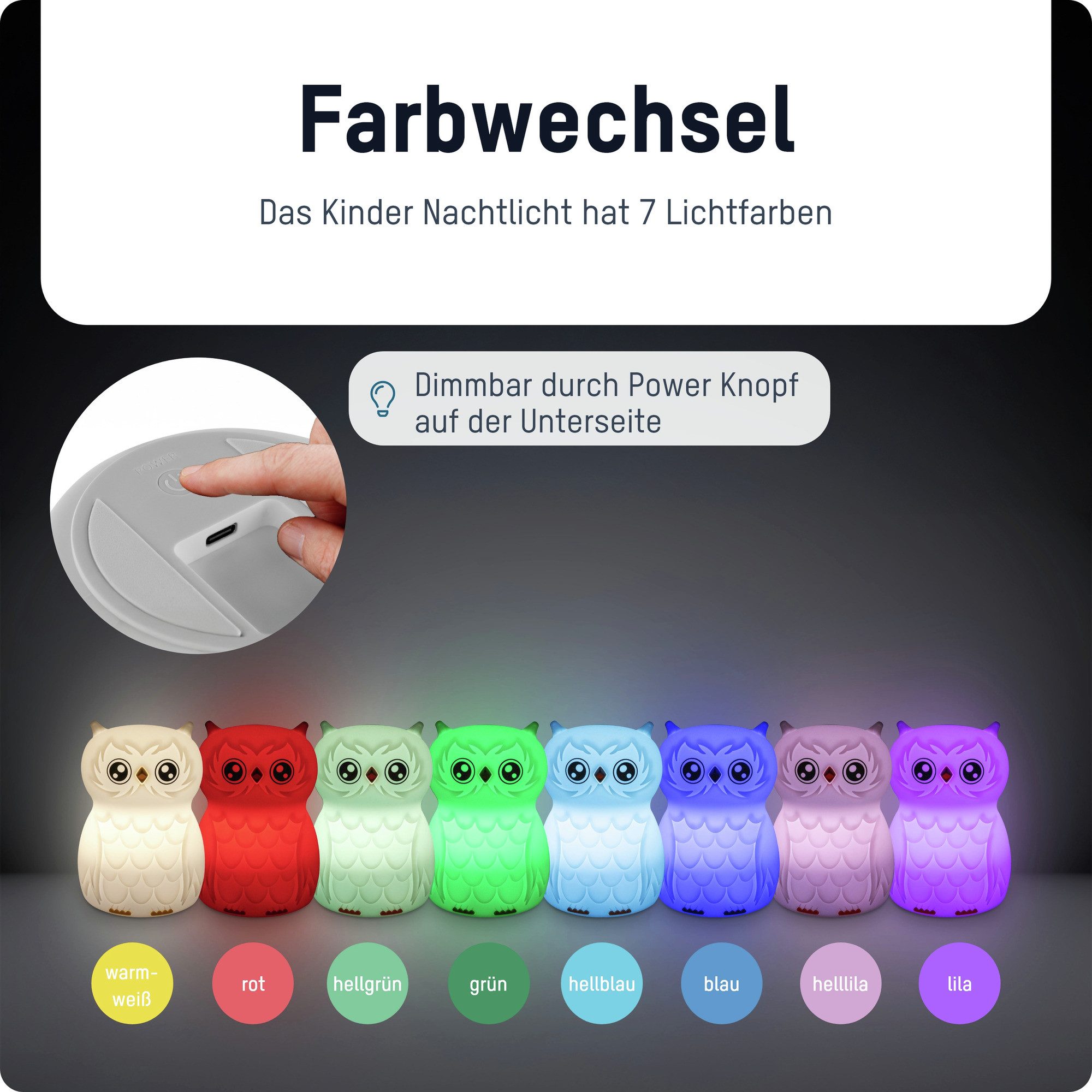 ANSMANN AG LED Nachtlicht Nachtlicht Kinder Silikon aufladbar dimmbar Farbwechsel Eule – Bild 3 von 5