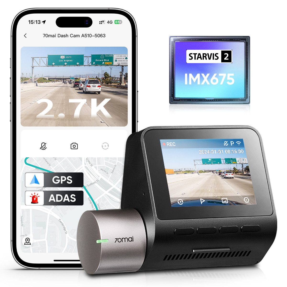 70mai A510 HDR Dashcam Auto, Mit Starvis 2 Bildsensor Dashcam (2,7K, WLAN (Wi-Fi), GPS, ADAS, Super Nachtsicht, f/1.8, Upgrade von A500S Pro Plus)