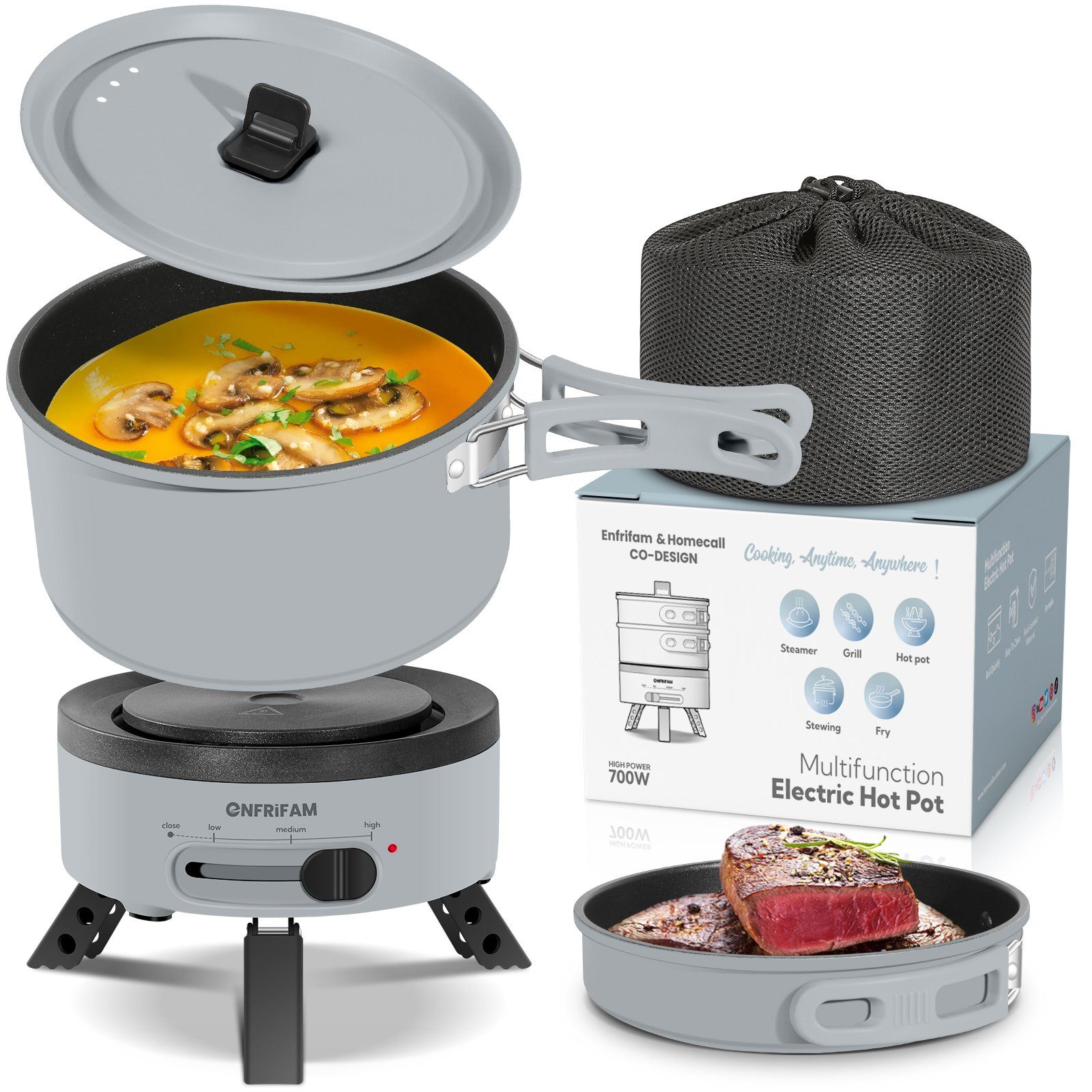 ENFRIFAM Elektrische Multipfanne Elektrische Hot Pot, Multikocher, Elektrische Pfannen, Campingkocher, 700,00 W, Fondue Set, Ideal für Büro Wohnheime Hotels Reisen Wohnwagen