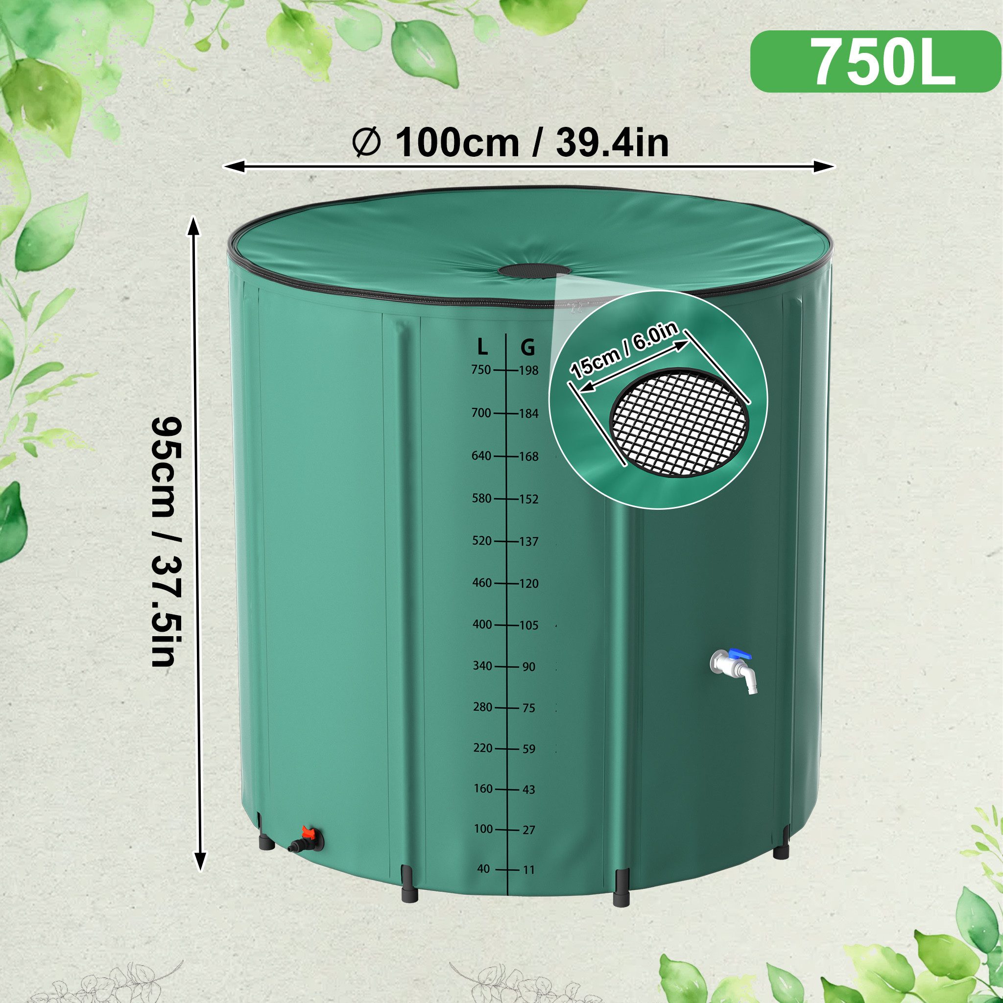 FIVMEN Regentonne Faltbare Regenwassertonne 750 L Regenwassertank Wassertank Regenfass, 750 l, Wasserauffangbehälter mit Wasserhahn, Skala, Ablauf von Regenwasser