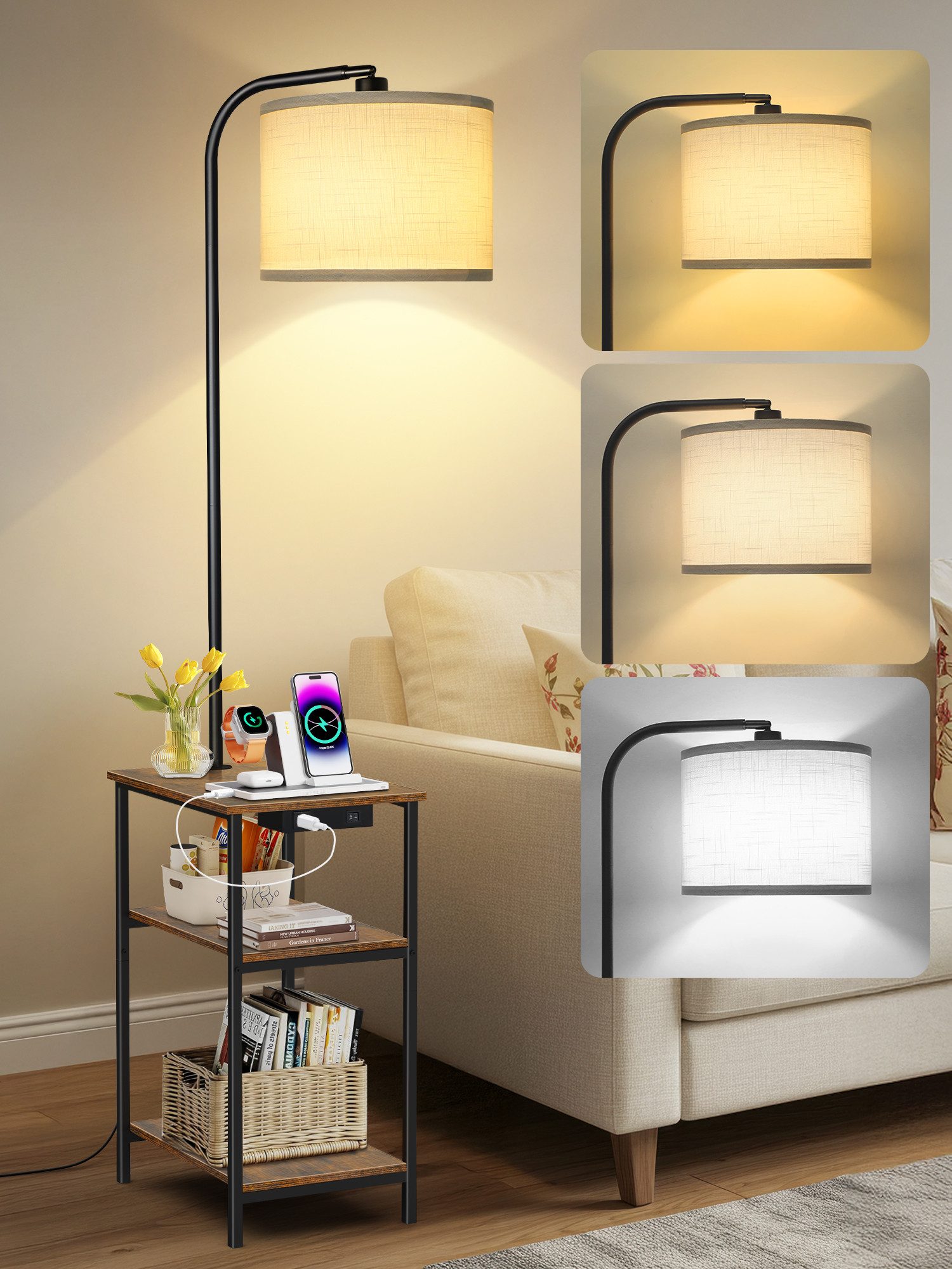 OUTON Stehlampe LED-Tisch mit 2 Stoffschubladen/3 Ablagen & USB