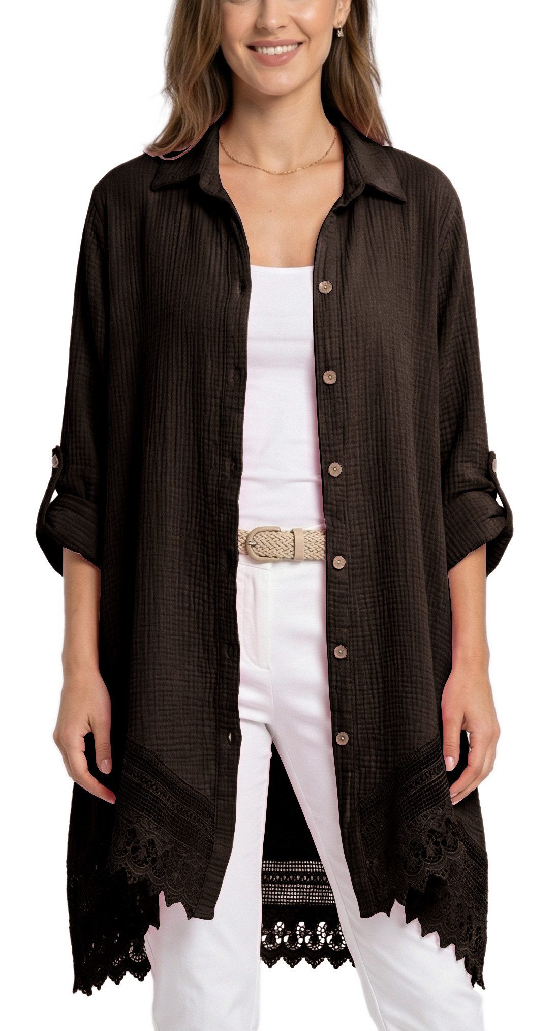 dy_mode Longbluse Damen Oversized Longbluse Musselin Tunika HemdbluseBlusenkleid in Unifarbe, dekorativem Häkel-Saum, Oversize-Passform