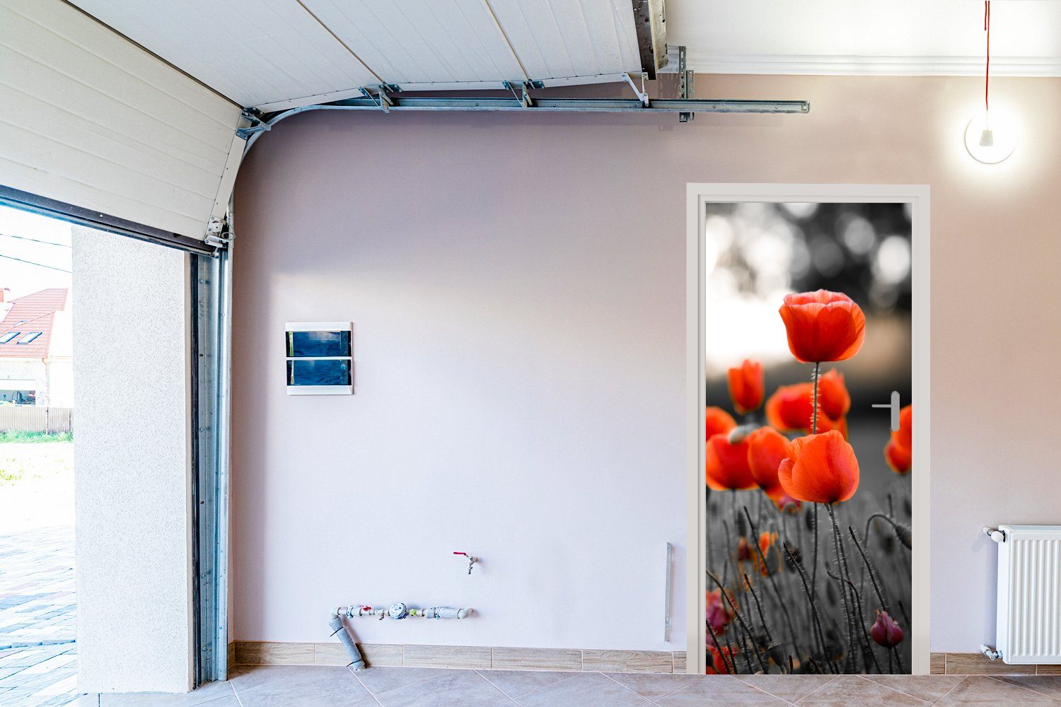 bedruckt, Tür, Matt, (1 Rote weißem St), 75x205 Türaufkleber, schwarzem Mohnblumen für MuchoWow Hintergrund, Türtapete Fototapete und vor cm
