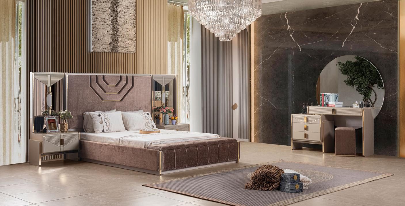 JVmoebel Schlafzimmer-Set Schlafzimmer Set Bett 2x Nachttische Schminktisch mit Spiegel Beige, Made in Europa