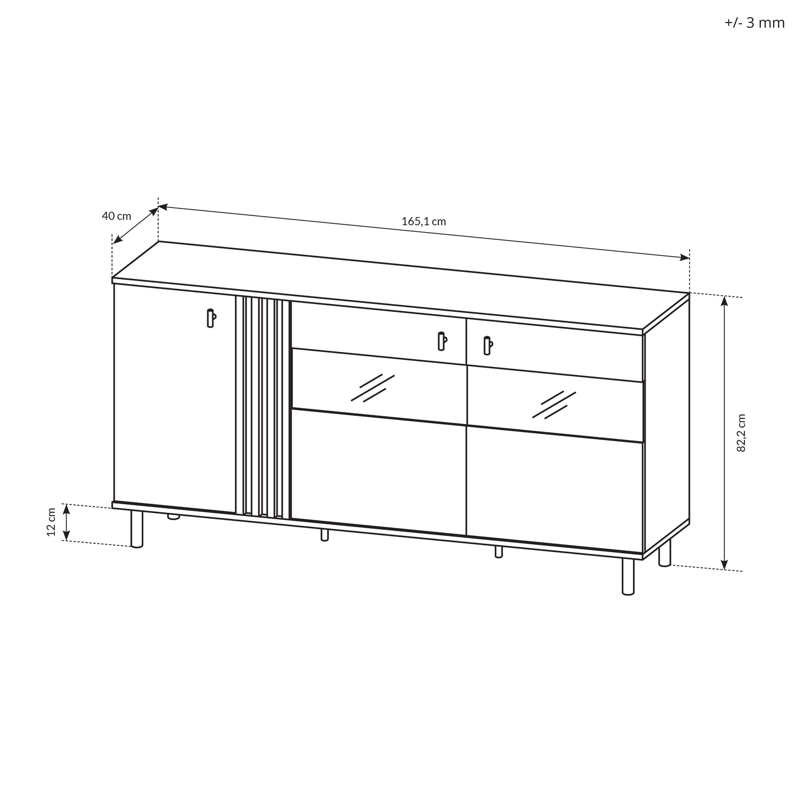 Masseno Kommode MADDALENA 165 cm Sideboard und 3 Türen grau