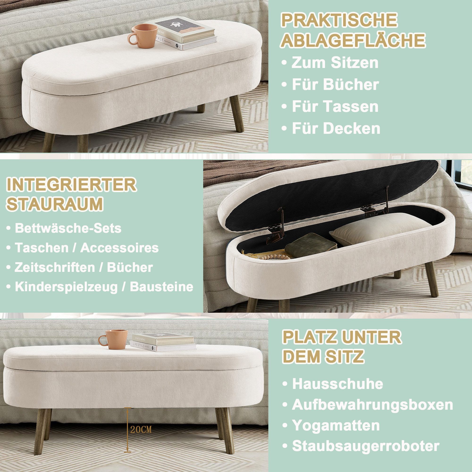 Celya Sitzbank Multifunktionelle Aufbewahrungs Bench (110x40x42cm, Holzbeine, Massivholzrahmen, 20L Stauraum), ideal für Schlafzimmer, Wohnzimmer oder Flur