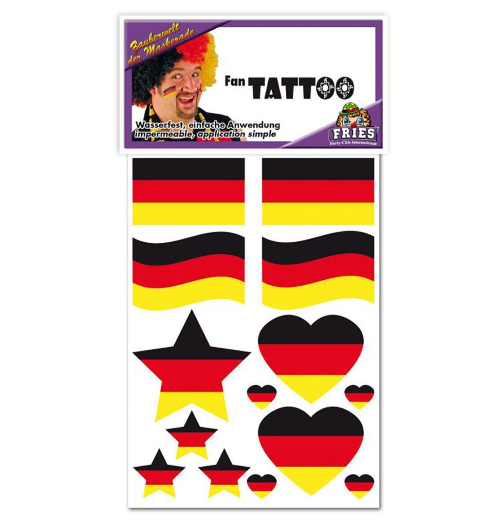 Fries Schmuck-Tattoo 1 Bogen Haut Tattoo Aufkleber Wasserfest EM Fußball Schwarz Rot Gold, 1-tlg.