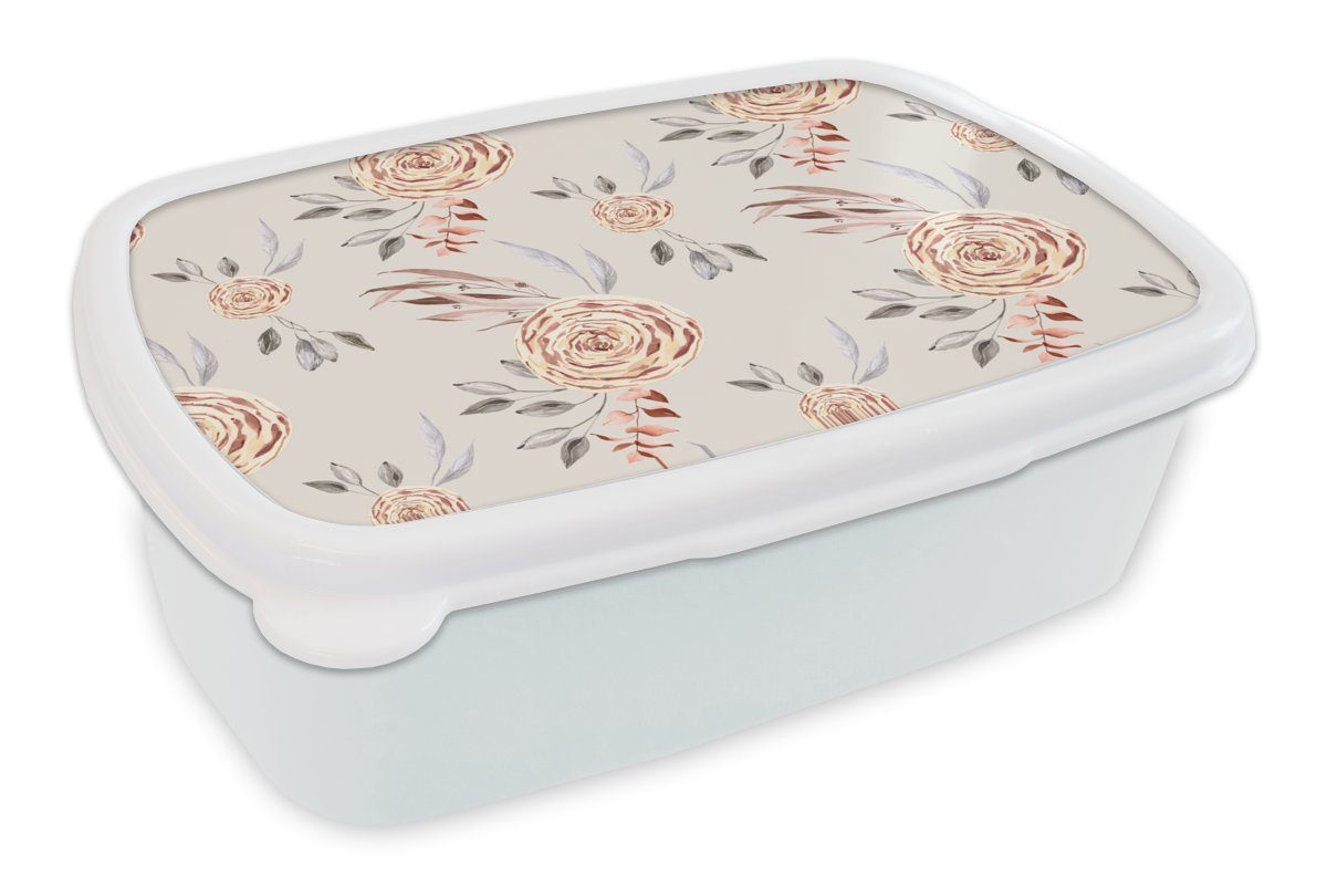 MuchoWow Lunchbox Rosen - Blumen - Gold - Muster, Kunststoff, (2-tlg), Brotbox für Kinder und Erwachsene, Brotdose, für Jungs und Mädchen weiß