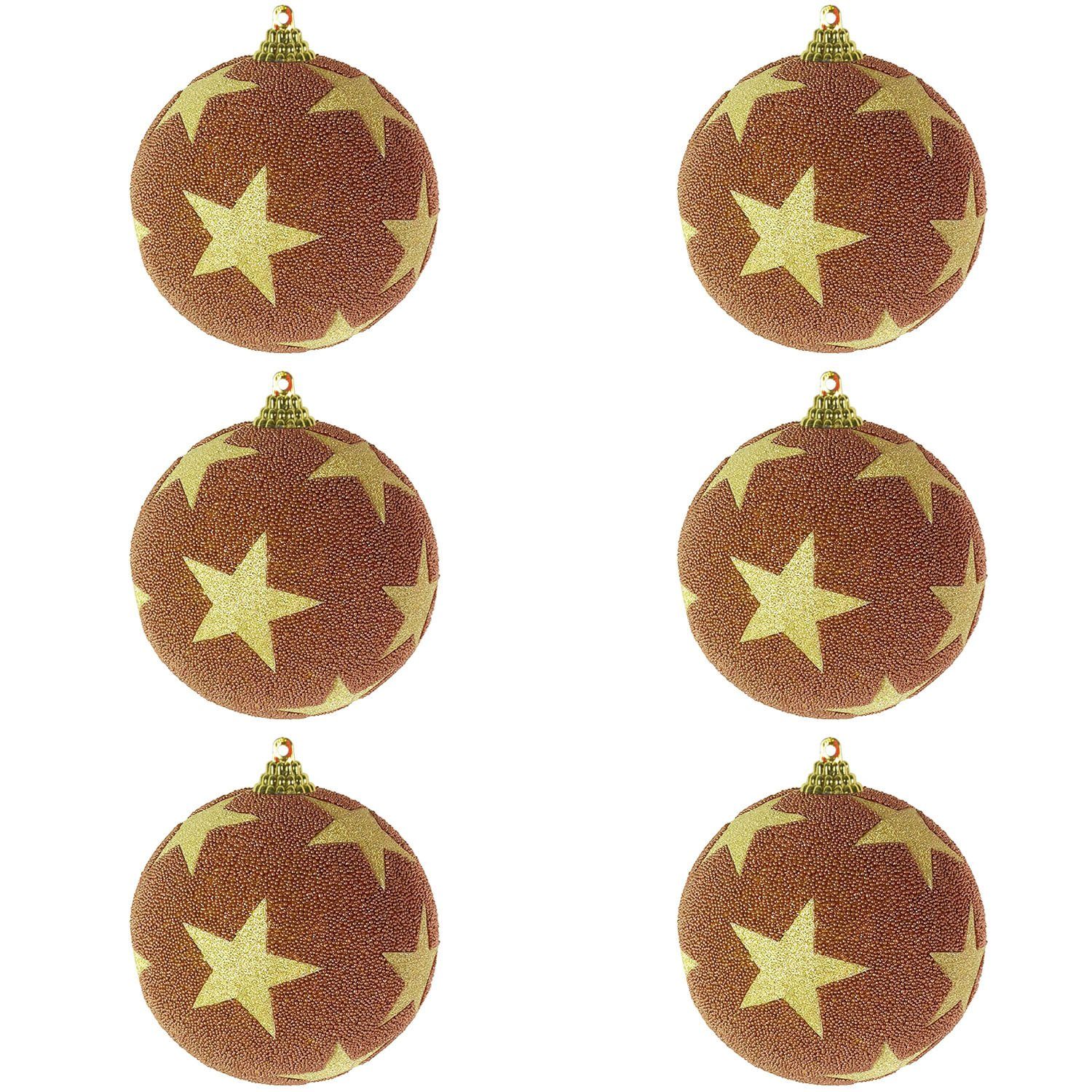 Mojawo Weihnachtsbaumklammer 6-tlg. Christbaumkugeln Stern beflockt Glitzer Kupfer/Gold Ø 8cm