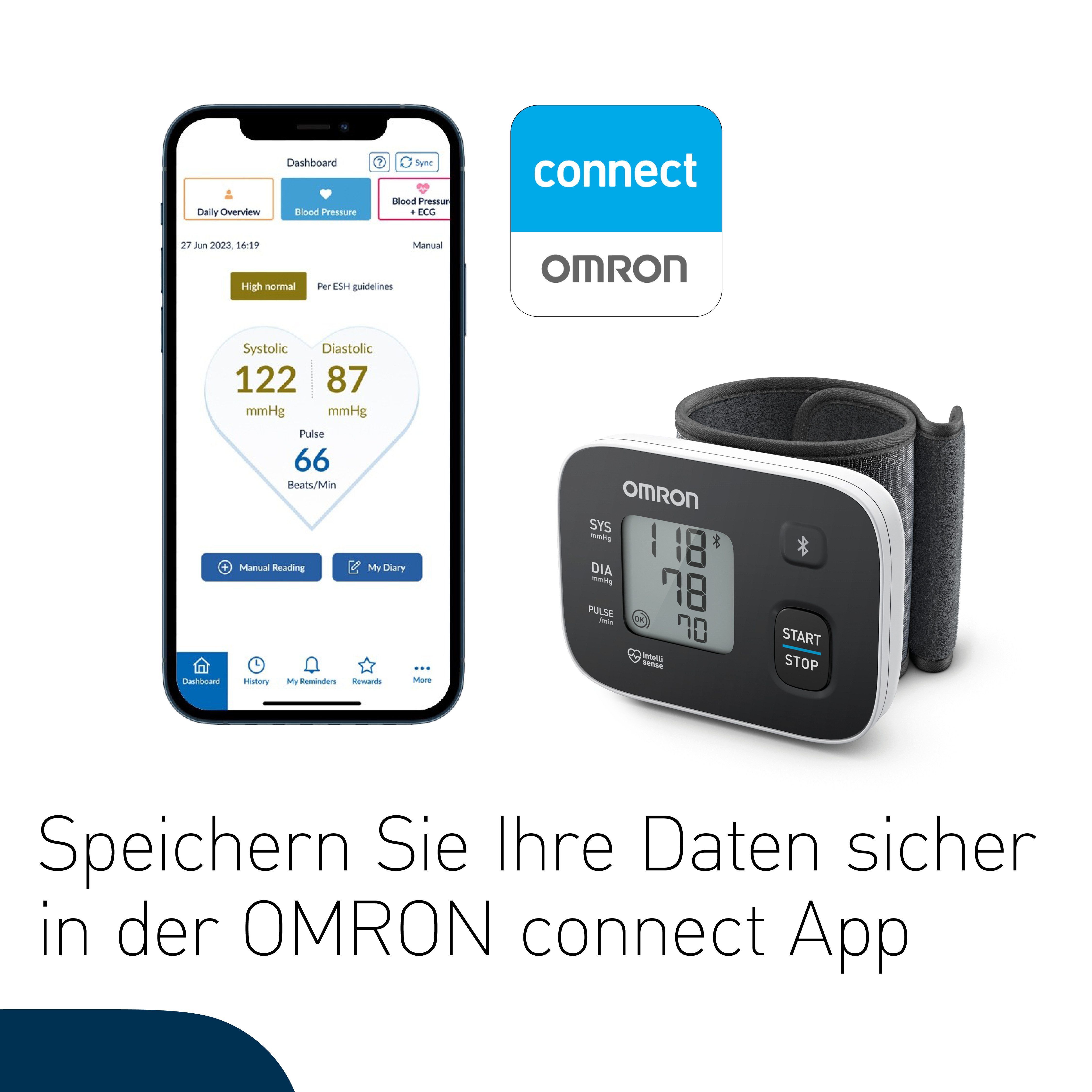 Omron Handgelenk-Blutdruckmessgerät RS3 Intelli IT mit Bluthochdruckanzeige & kostenloser App, einfach und genau, mit vorgeformter Manschette 13.5-21.5 cm