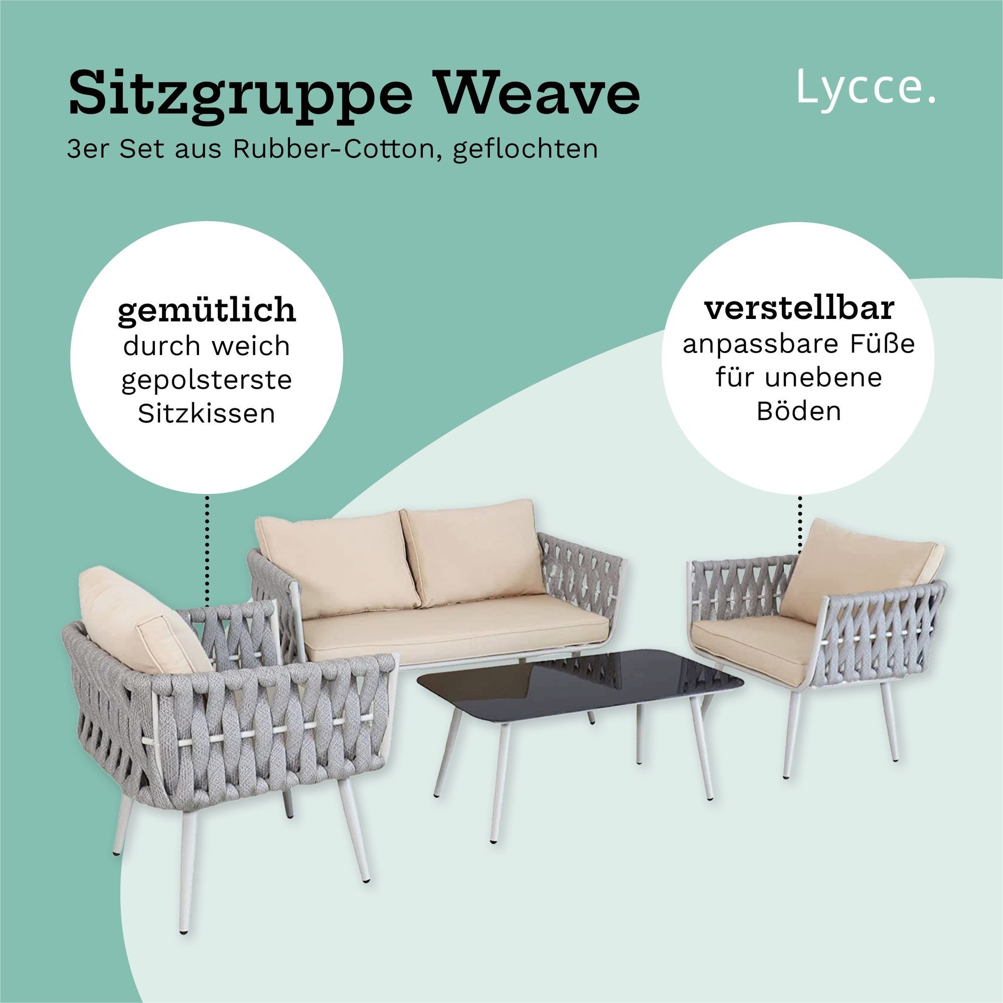 Lycce Loungeset Gartenmöbel-Set WEAVE: 2 Sessel, 1 Sofa, 1 Tisch mit Glaspl günstig online kaufen
