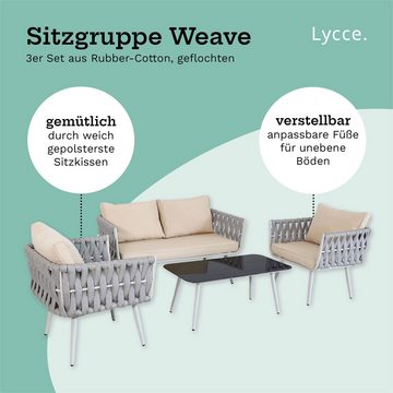 Lycce Loungeset Gartenmöbel-Set WEAVE: 2 Sessel, 1 Sofa, 1 Tisch mit Glasplatte, Loungemöbelset mit Kissen