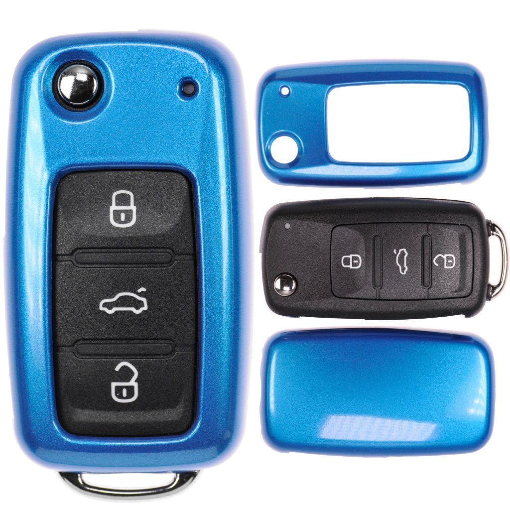 Blue, Golf UP Blau Yeti Hardcover Schlüsseltasche Ibiza VW 2009 Schlüssel Seat Metallic Metallic ab Polo mt-key für Octavia Autoschlüssel Skoda Schutzhülle
