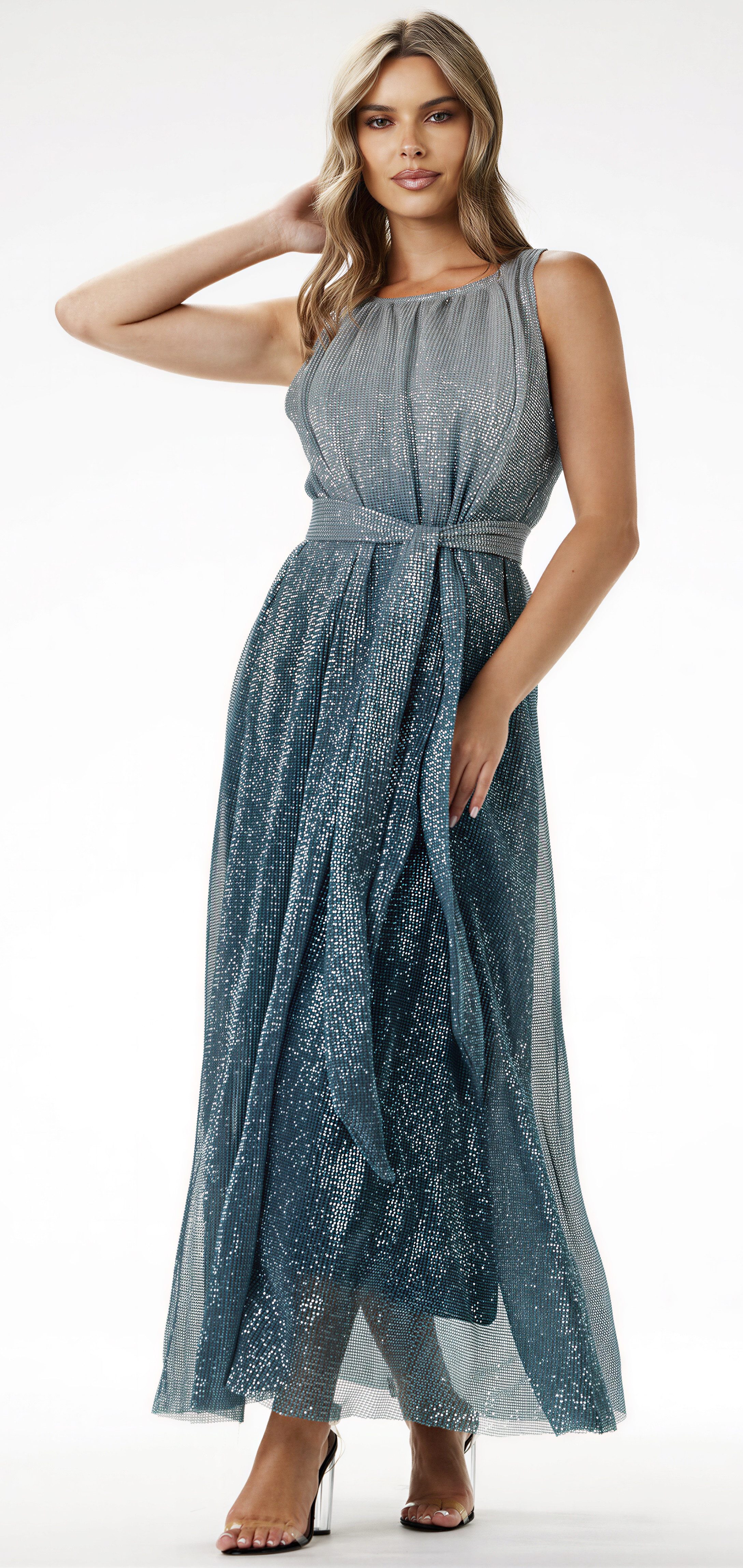 Awama Maxikleid mit Pailletten und Bindegürtel
