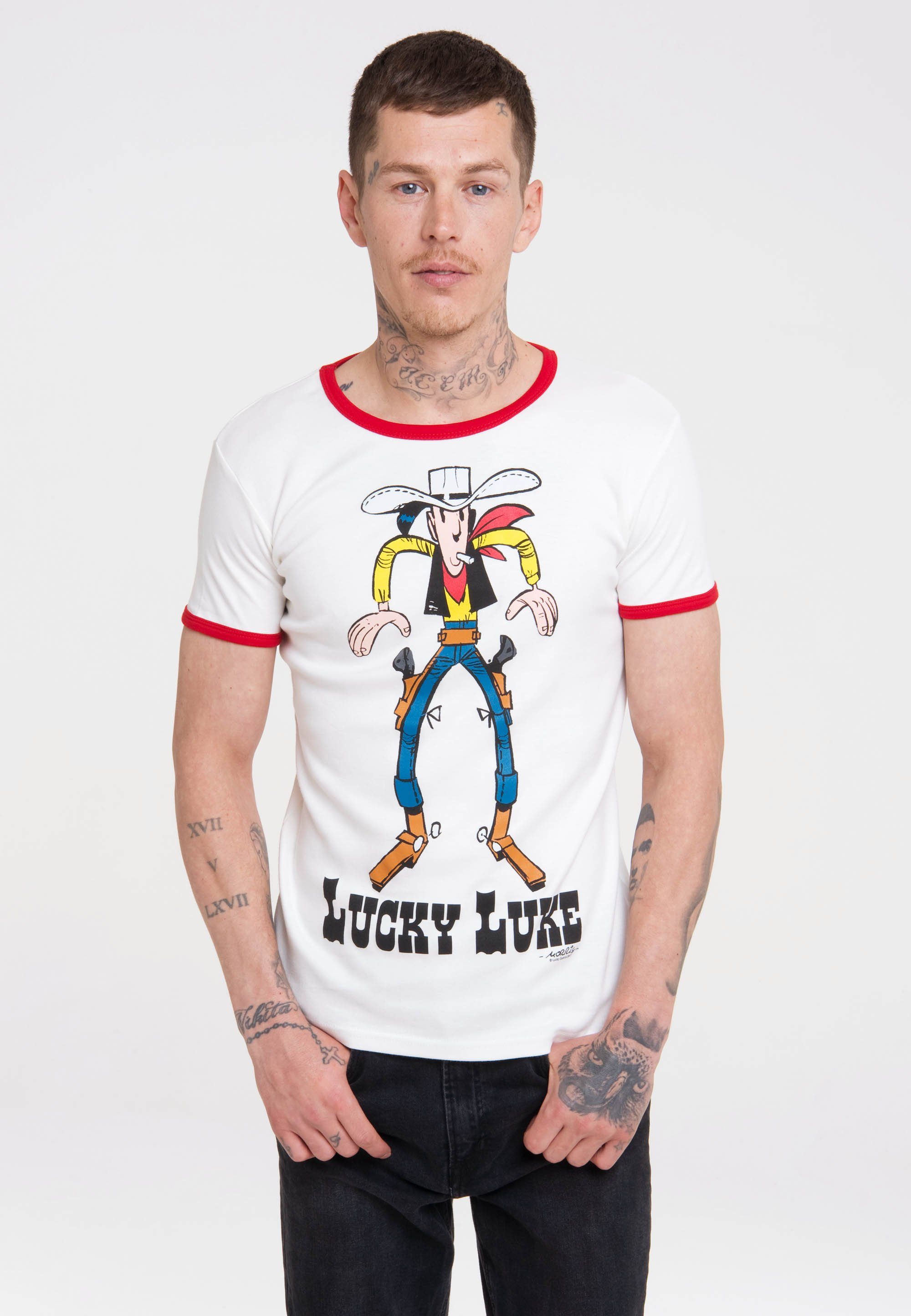 LOGOSHIRT T-Shirt Lucky Luke mit farblich abgesetzten Bündchen weiß