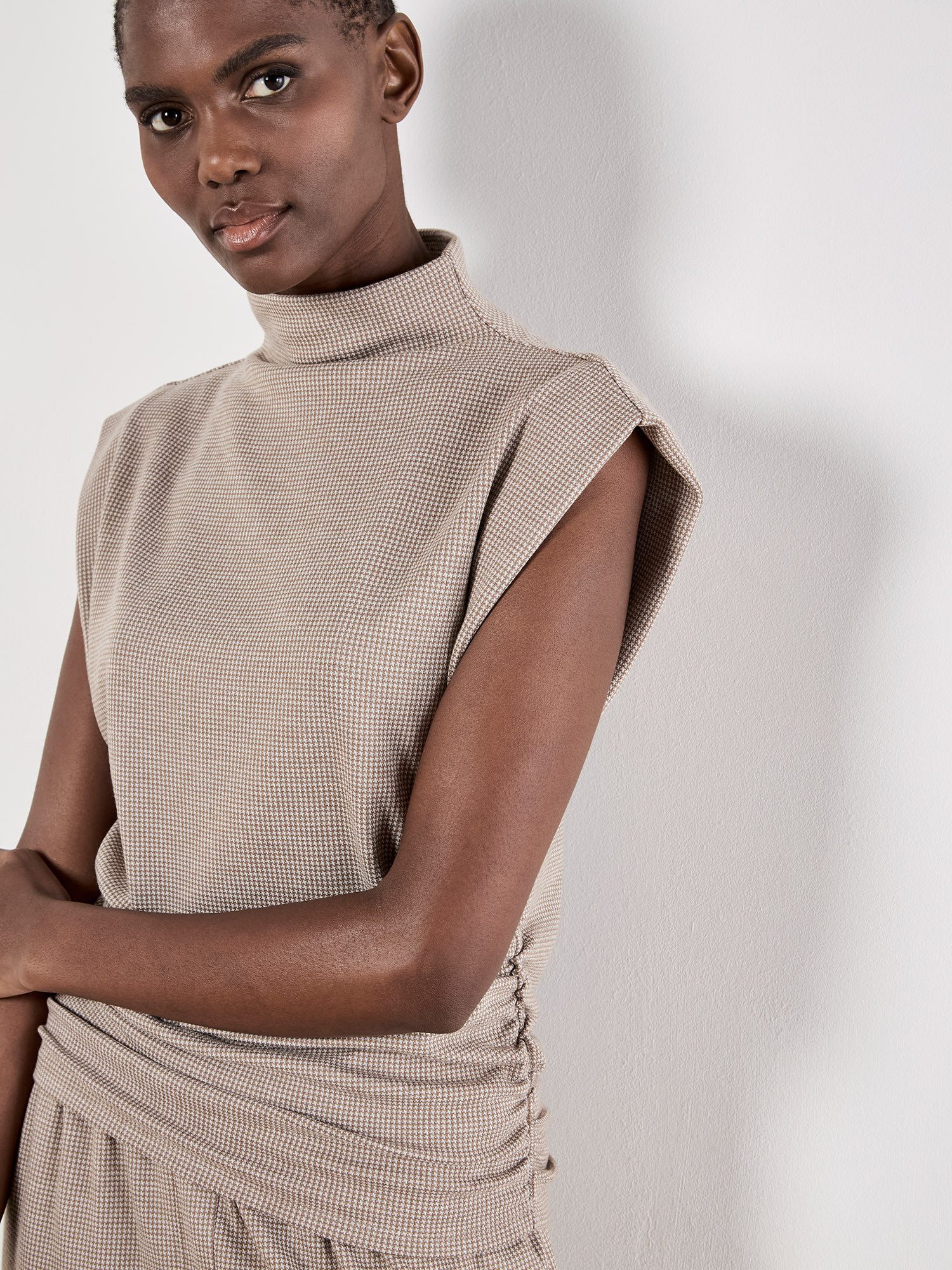 Apricot Rollkragenshirt Stehkragentop mit Hahnentritt-Muster günstig online kaufen