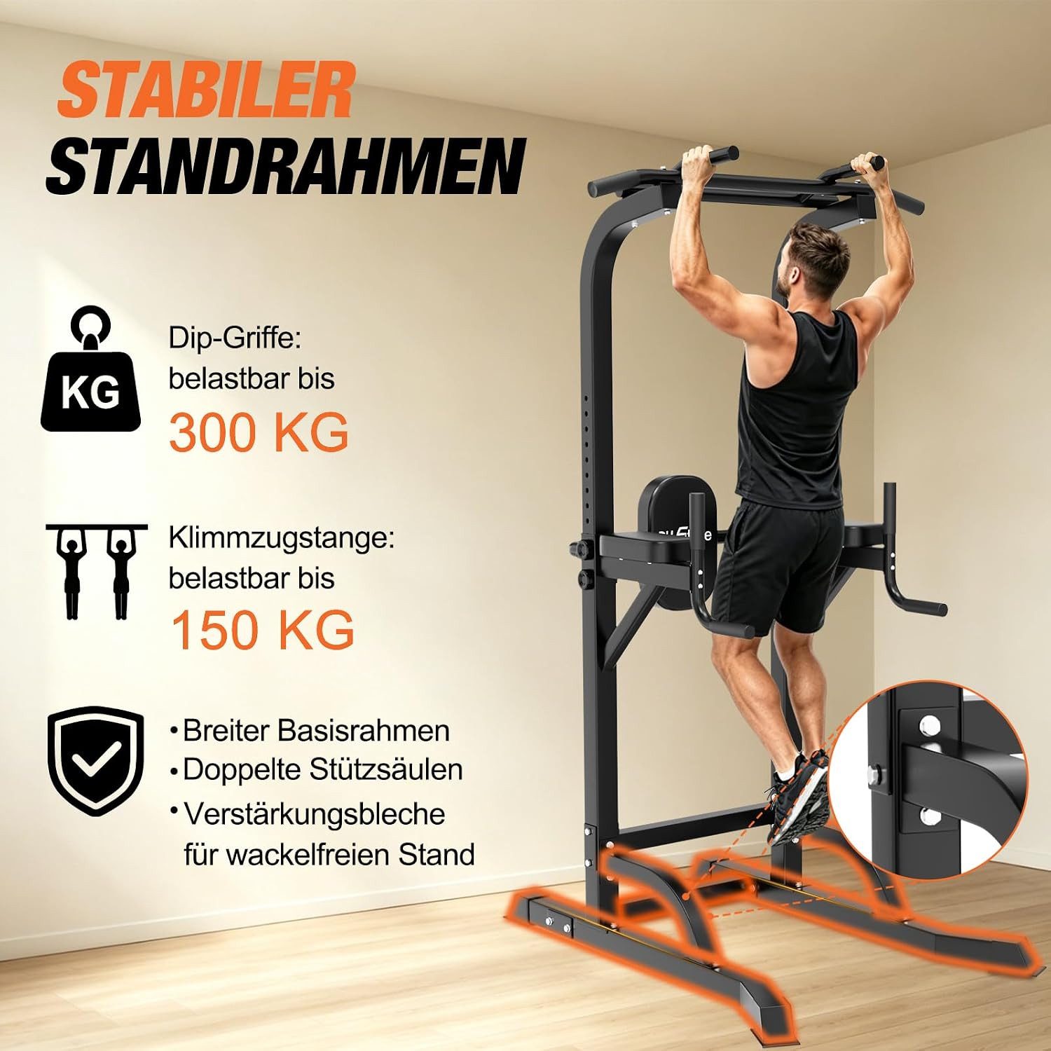 DH FitLife Kraftstation Power Tower mit Klimmzugstange und Dip Station, (Dip Barren 300kg, Pull Up Bar 150kg), höhenverstellbar für Ganzkörpertraining Zuhause