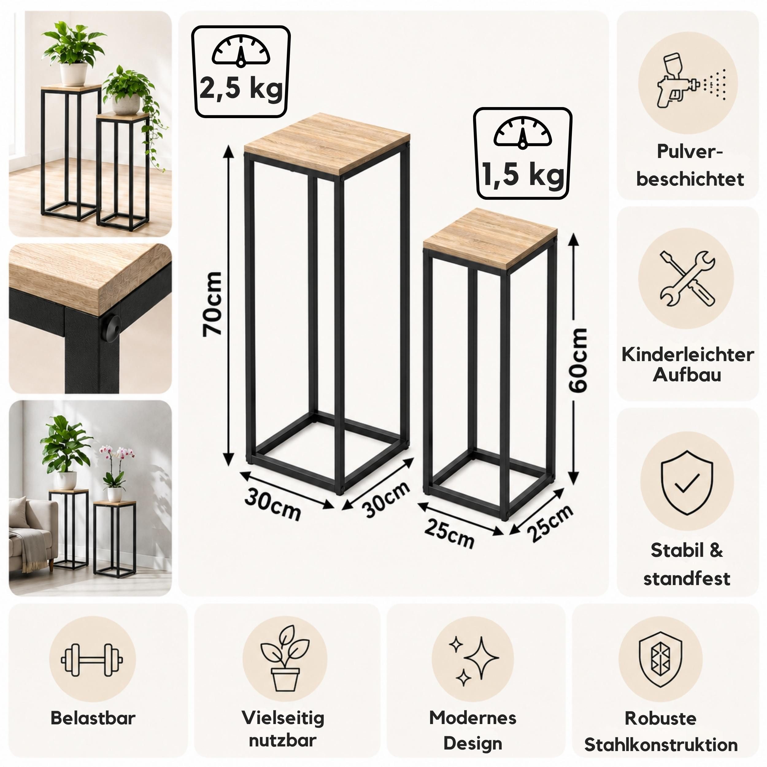 DanDiBo Blumenhocker Blumenständer Metall Schwarz Eckig 2er Set 60 cm 70 cm Pflanzenständer – Bild 2 von 5