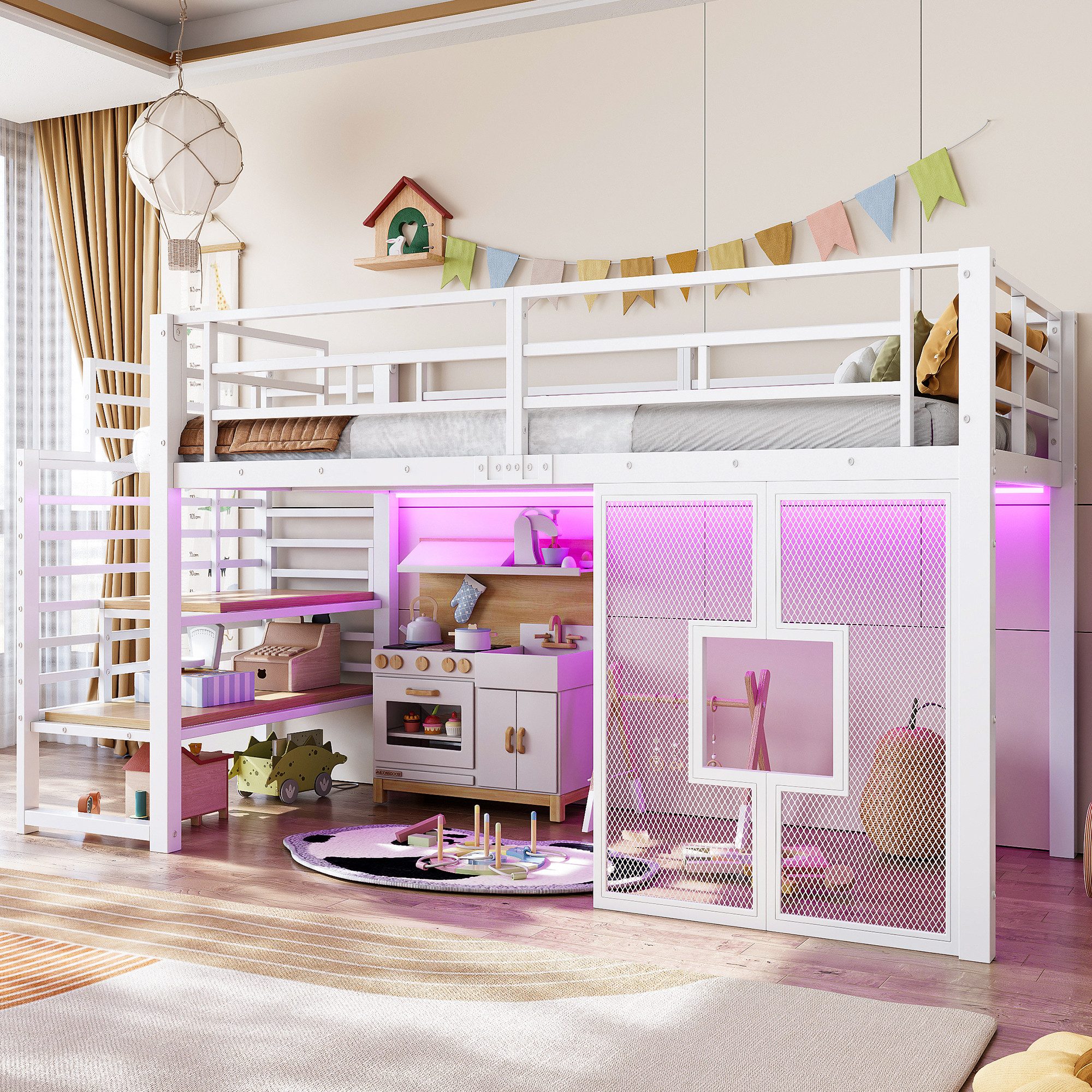Flieks Hochbett Metallbett Kinderbett 90x200cm mit LED-Beleuchtung, eingebauter Treppe