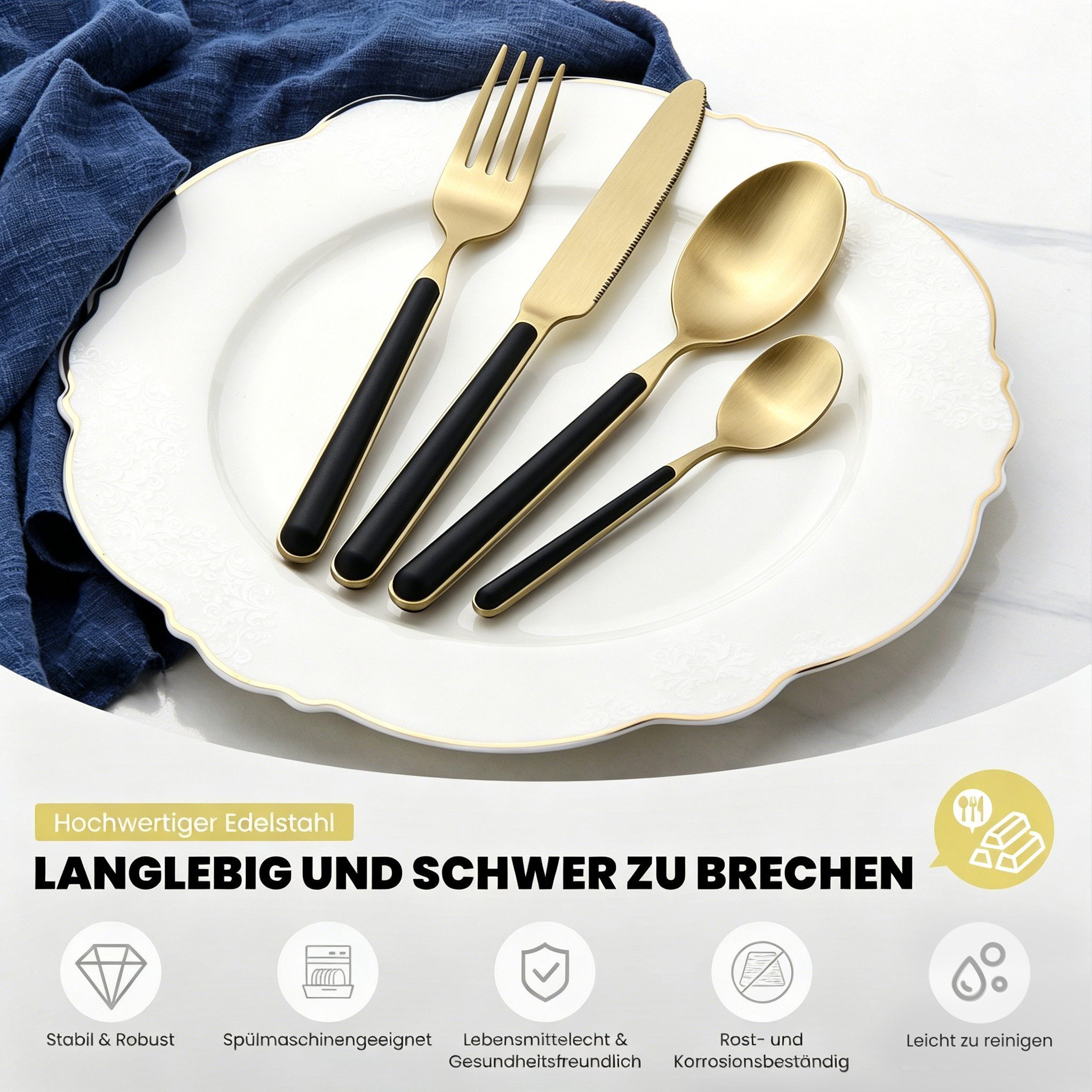 HOMELUX Besteck-Set 24tlg Besteck set,elegante Stilsicherer Optik,ergonomisch,Gold (24-tlg), 6 Personen, Edelstahl, Edelstahl,Titan-Beschichtung,Matt poliert,hochwertiger Besteckkasten