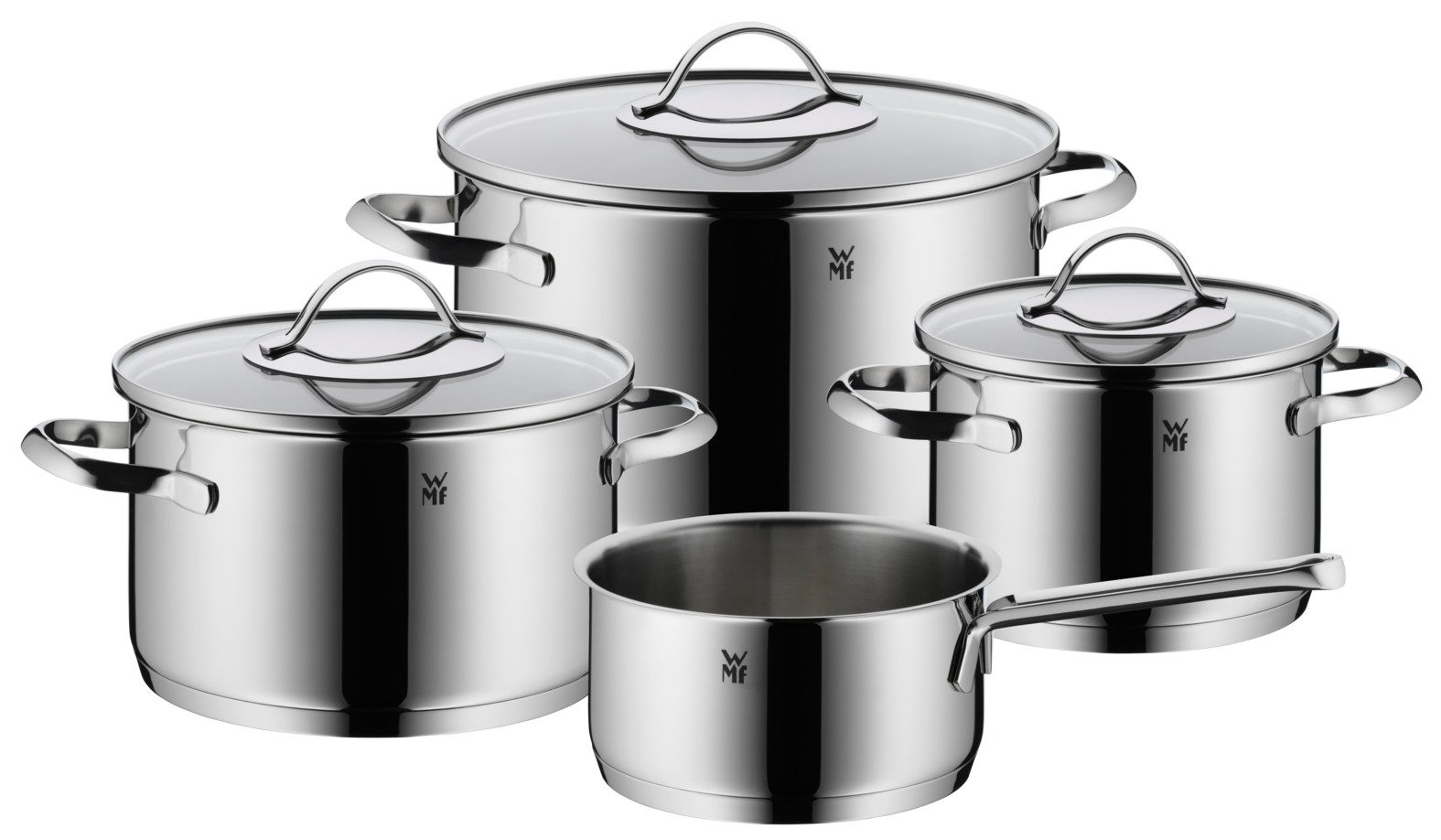 WMF Topf-Set Aparto Topf-Set, 4-teilig, Cromargan Edelstahl 18/10 (poliert, unbeschichtet - rostfrei), spülmaschinengeeignet, hitzebeständig und backofengeeignet bis 250°C