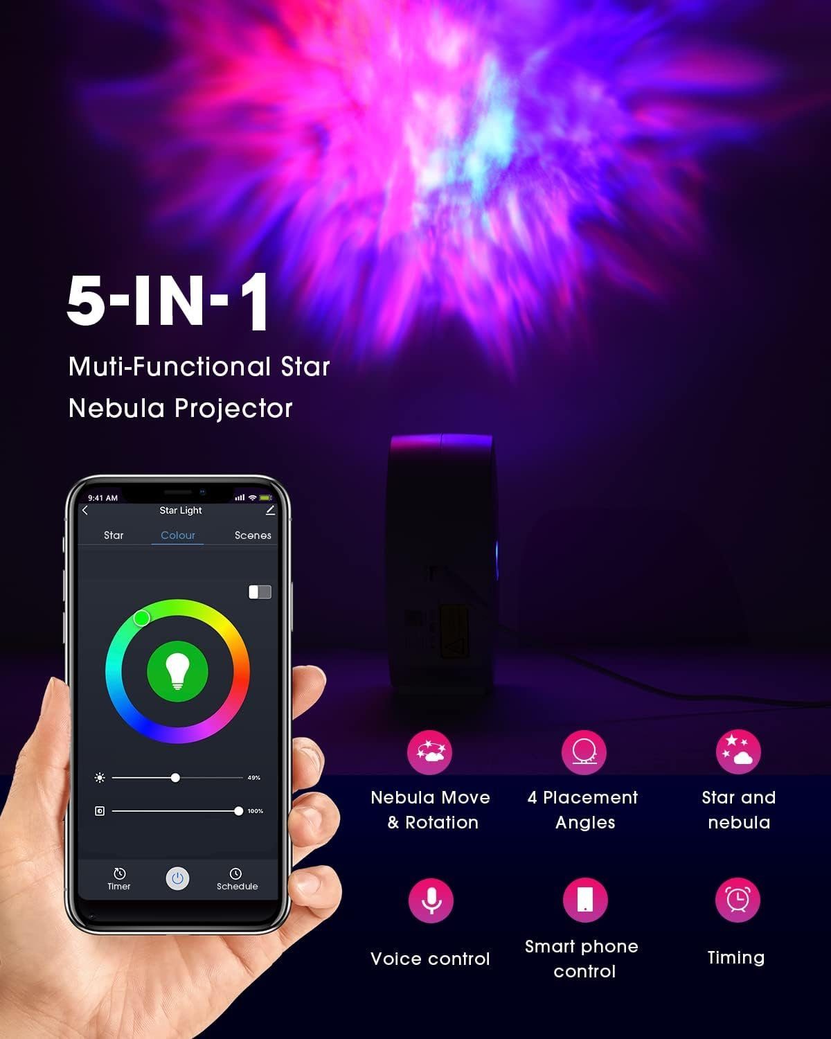 DOPWii Nachtlicht LED Dimming/Stimmenkontrolle/3D Galaxy WiFi RGB Projektor, mit Schwarz Projektor, Sternenhimmel