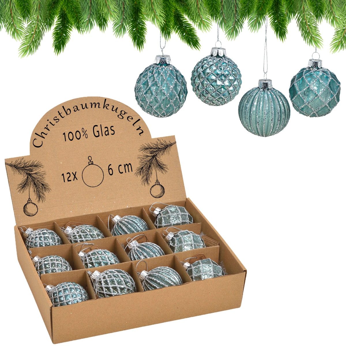 matches21 HOME & HOBBY Christbaumschmuck Glas Christbaum-Kugeln 12er Set Christbaum-Schmuck Türkis blau (12-tlg), Ø 6 cm Weihnachtsbaum-Schmuck als Weihnachten Baum-Schmuck