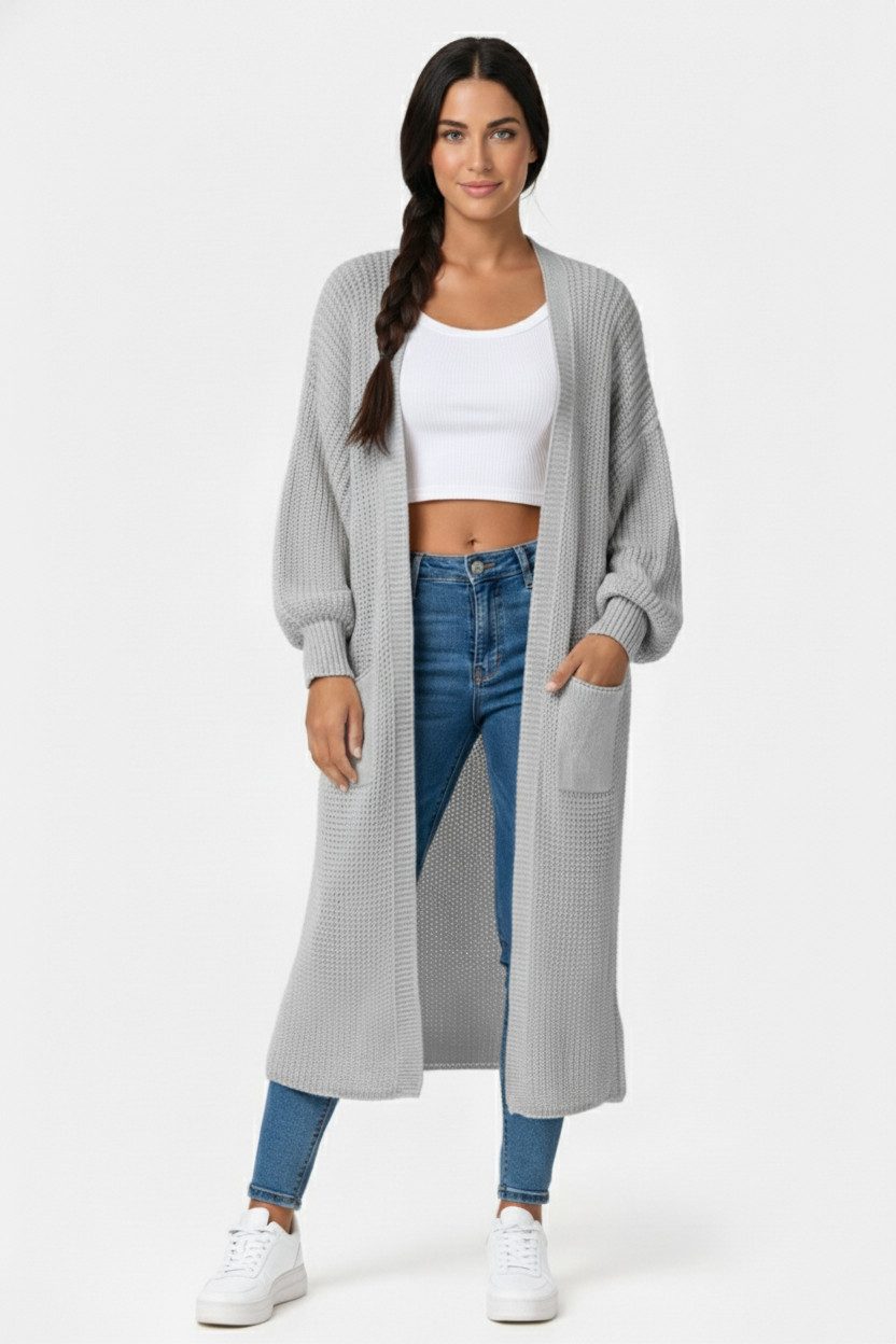 Kendindza Collection Cardigan Cardigan Damen lang Oversize Strickjacke Damen Lang aus Grobstrick Longstrickjacke Made In Italy - One Size 34-42