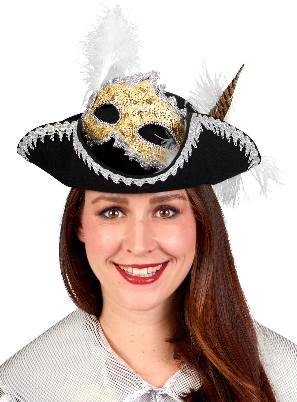 Metamorph Kostüm Damen Dreispitz Venezia silber, Schön verarbeiteter Hut  für die Karnevalspiratin