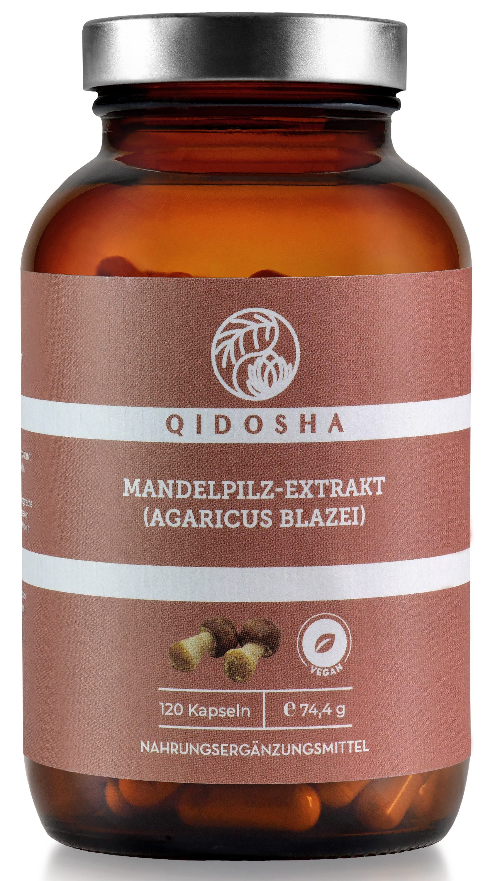 QIDOSHA Agaricus Blazei Extrakt 500mg Vegan 120 Kapseln Hartkapsel, 1 er Vitalpilz Premium Formel mit Polysacchariden Laborgeprüft à 120 St., 74 g, Mandelpilz Beta Glucane Hochdosiert Immun Komplex Deutschland