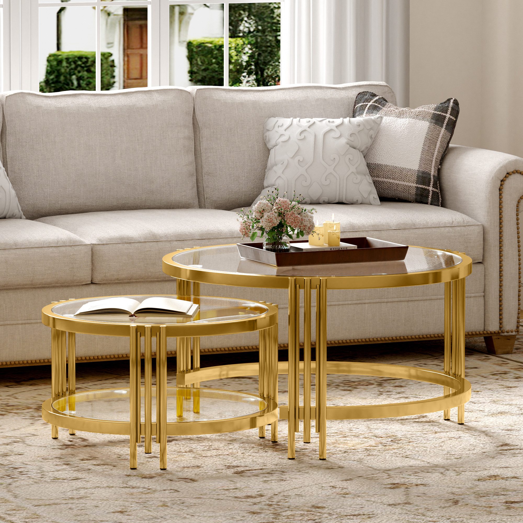 HAUSS SPOLE Couchtisch 2er Goldener Kaffeetisch Glasplatte, Nestingtische mit Metallgestell (2er Satztisch Wohnzimmertisch-Set mit Glasplatte im Glamour-Stil, 2 runde Tische), Ø80×H45 & Ø60×H35,Hochtransparente Glasplatte