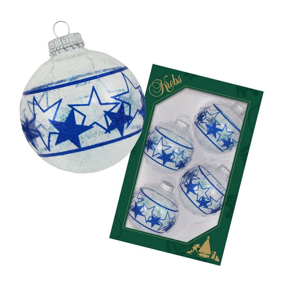 blauer Krebs 7cm (4-tlg) Glas Kristallklar mit (4) Lauscha Christbaumschmuck Sternenbanddeko Glaskugel