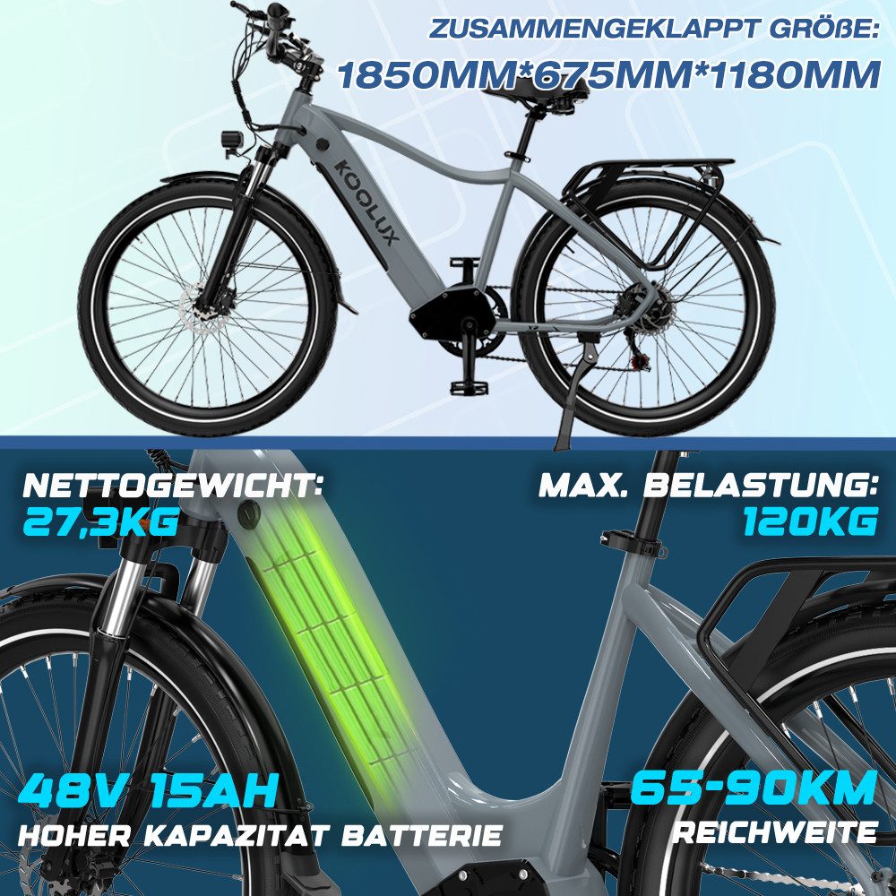 KOOLUX E-Bike Elektrofahrrad für Damen/Herren Reichweite 65-90 km elektro-cityrad, Heckmotor, 720 Wh, 27,5" Elektrofahrrad 7-Gang Shimano 48V15AH Herausnehmbare Batterie