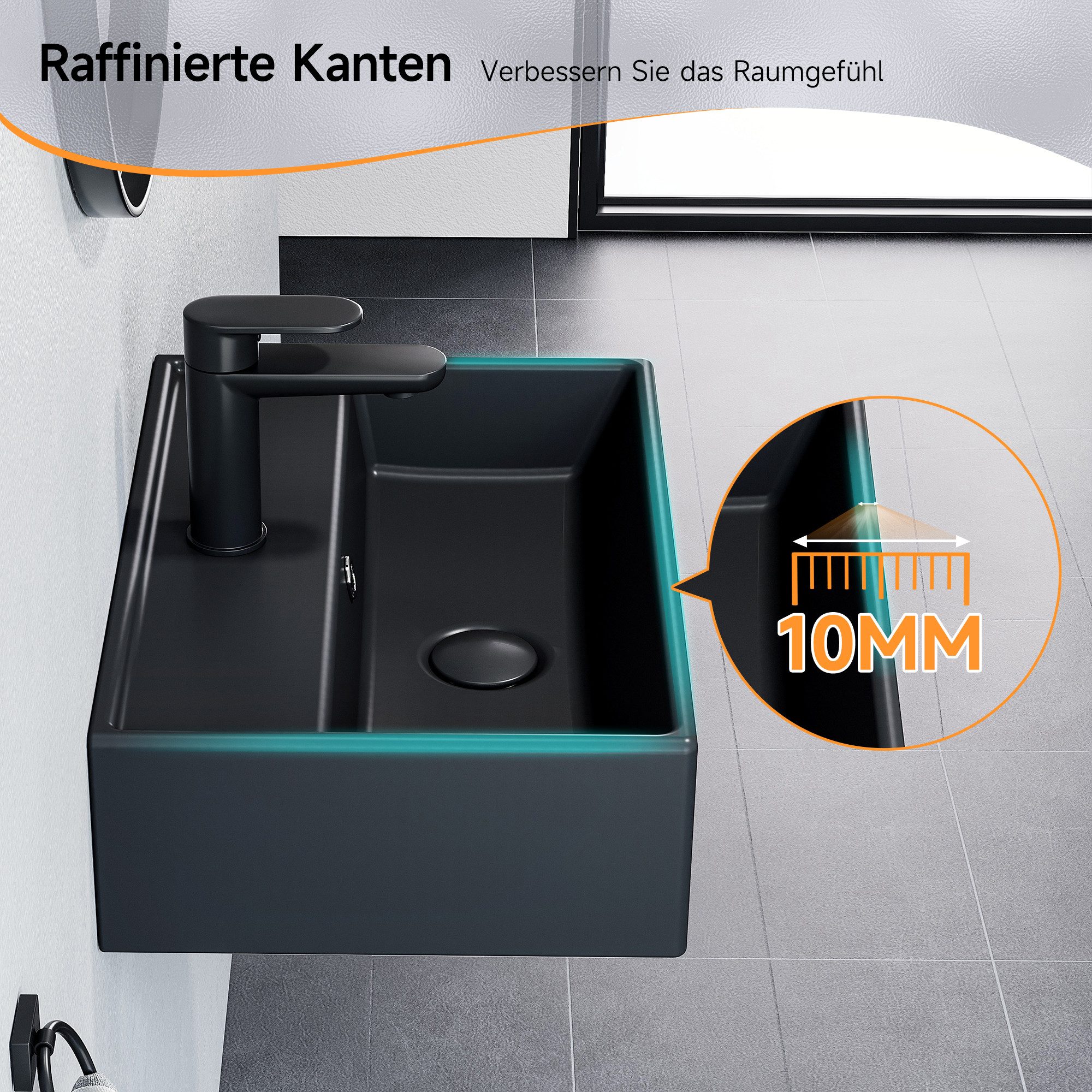 HOROW Waschbecken Aufsatzwaschbecken Keramik Weiß, Wandwaschbecken für Gäste-WC (Waschtisch, mit Hahnloch und Überlauf), einfache Reinigung, Einfache Installati – Bild 4 von 5