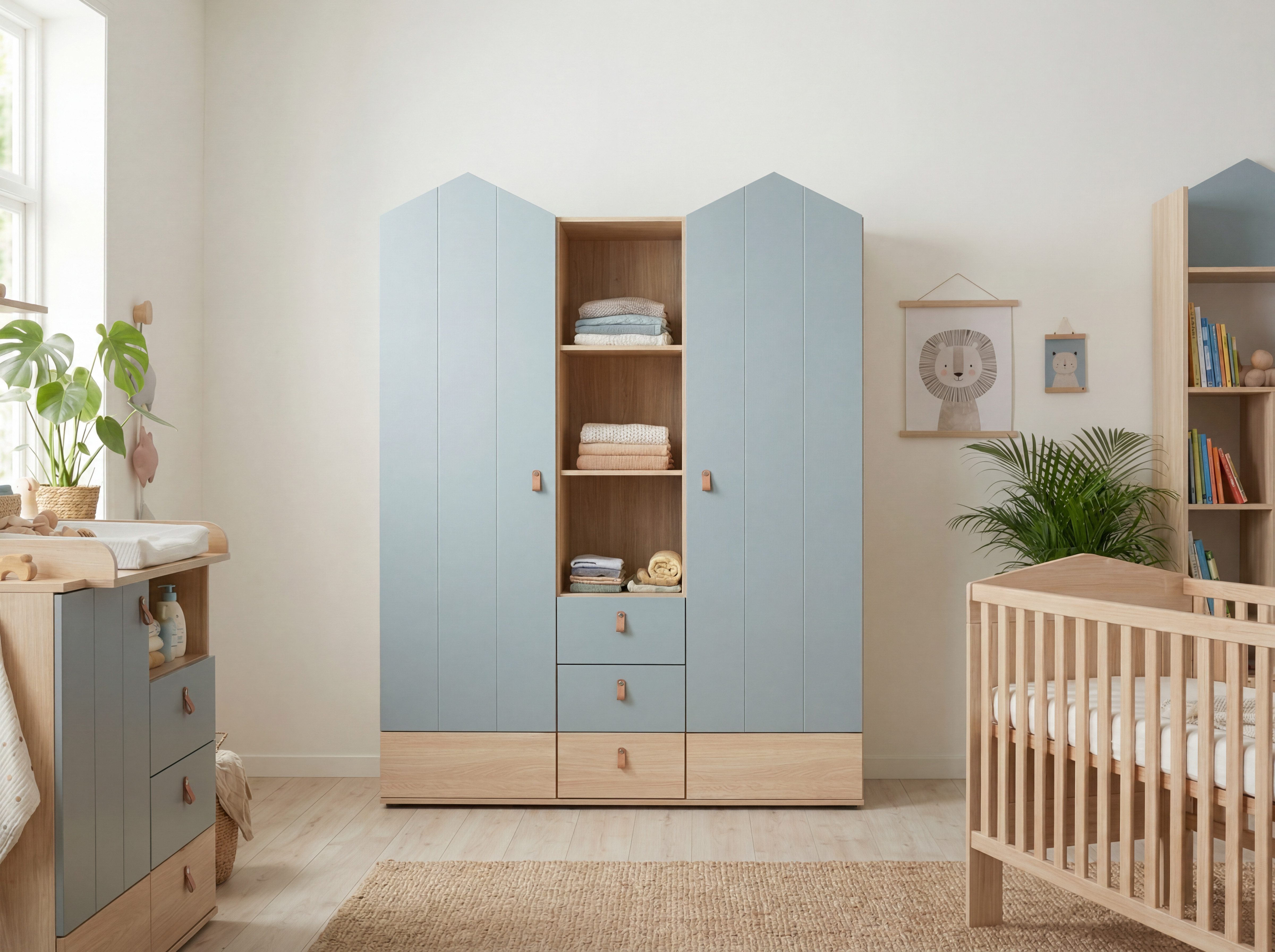 arthur berndt Kinderkleiderschrank Roofy Soft-Close, Türdämpfung, 150 cm breit, Ledergriffe