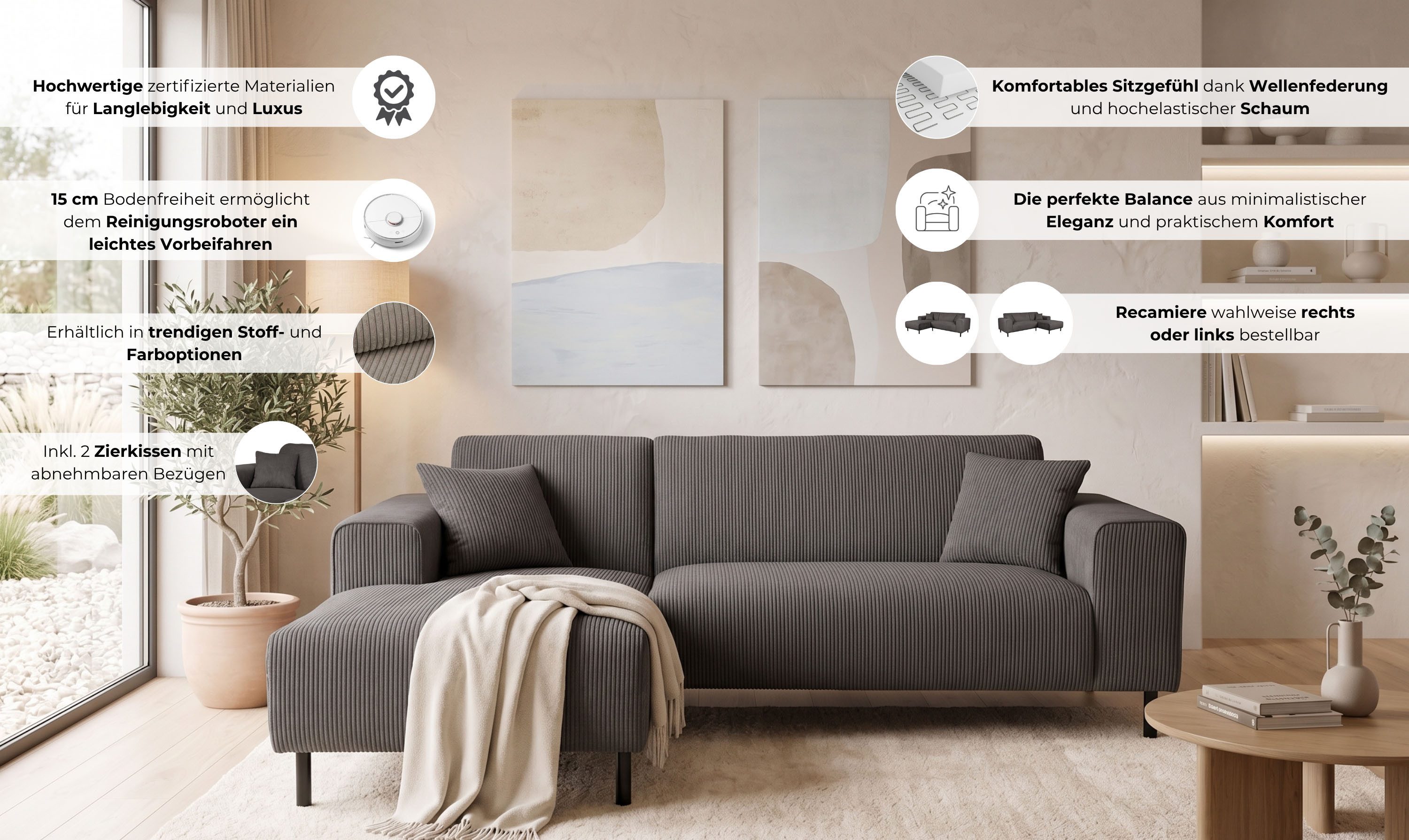OTTO home Ecksofa ARROS L-Form mit Wellenunterfederung, Maße B/T/H: 235/163/81 cm, incl. Zierkissen, mit Recamiere rechts/links bestellbar, auch in Cord – Bild 3 von 5