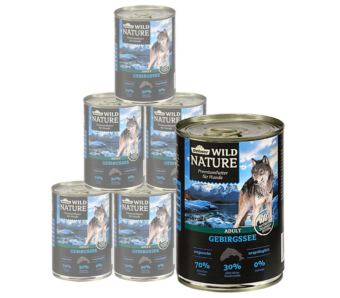 Dehner Wild Nature Gebirgssee Adult Lachs / Huhn, 6 x 400 / 800 g Dose Lachs, Nassfutter für: Hunde, Nassfutter für ausgewachsene Hunde, glutenfrei