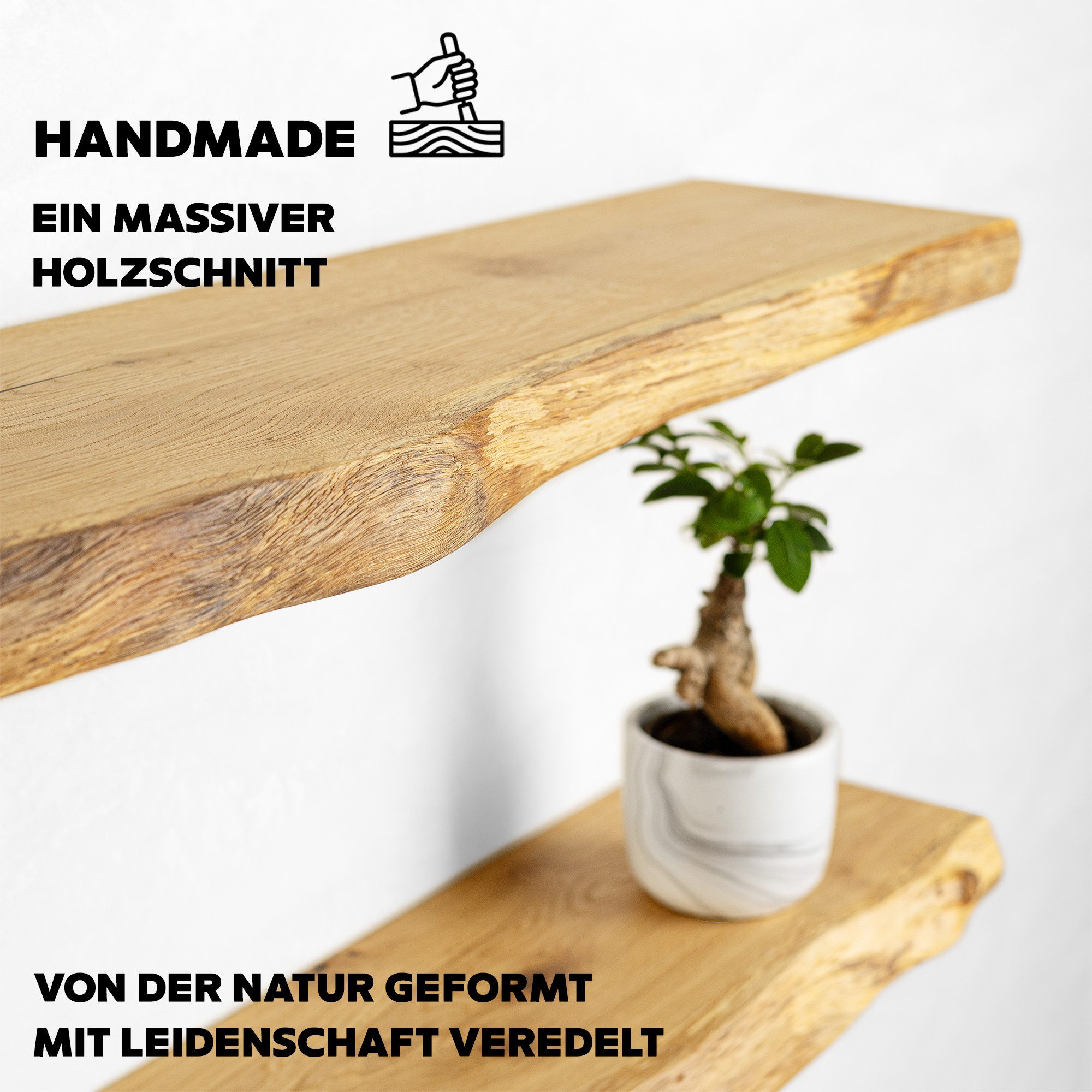 tømmermann Wandregal Schweberegal Holzregal mit Baumkante - Hängeregal aus Massivholz Eiche, Komplett-Set